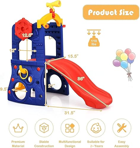 Miniatura 6 de BABY JOY Juguetes de escalada para niños pequeños, 6 en 1 tobogán de escalada con aro de baloncesto, lanzamiento de anillo, telescopio, bucle y