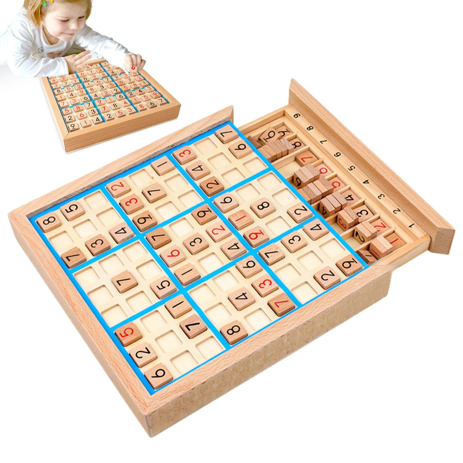 Mesa Sudoku Madera | Juguetes Rompecabezas matemáticas con cajón - Juego Familiar cuadrícula 9x9, Escritorio Math Brain Teaser