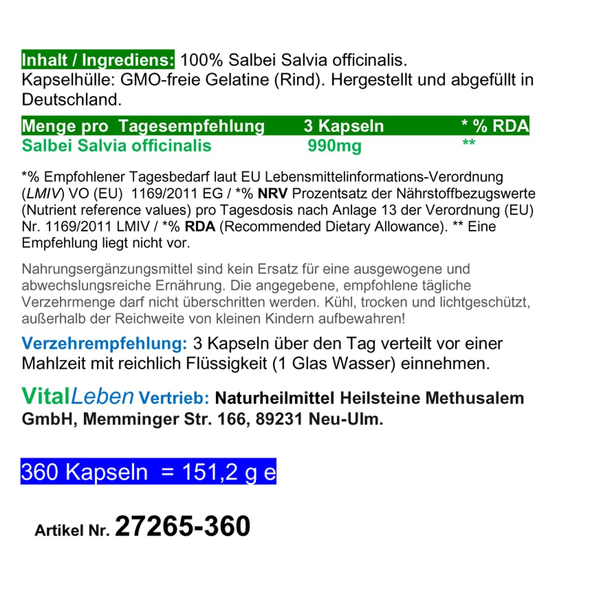 SALBEI 720 (2x360) Kapseln gegen Schwitzen, natürlich bei Hitzewallungen, Nachtschweiß, für Wechseljahre, Blähungen. NICHT künstlich hochdosiert. NATUR PUR. Kein EXTRAKT. Ohne ZUSATZSTOFFE 27265-6