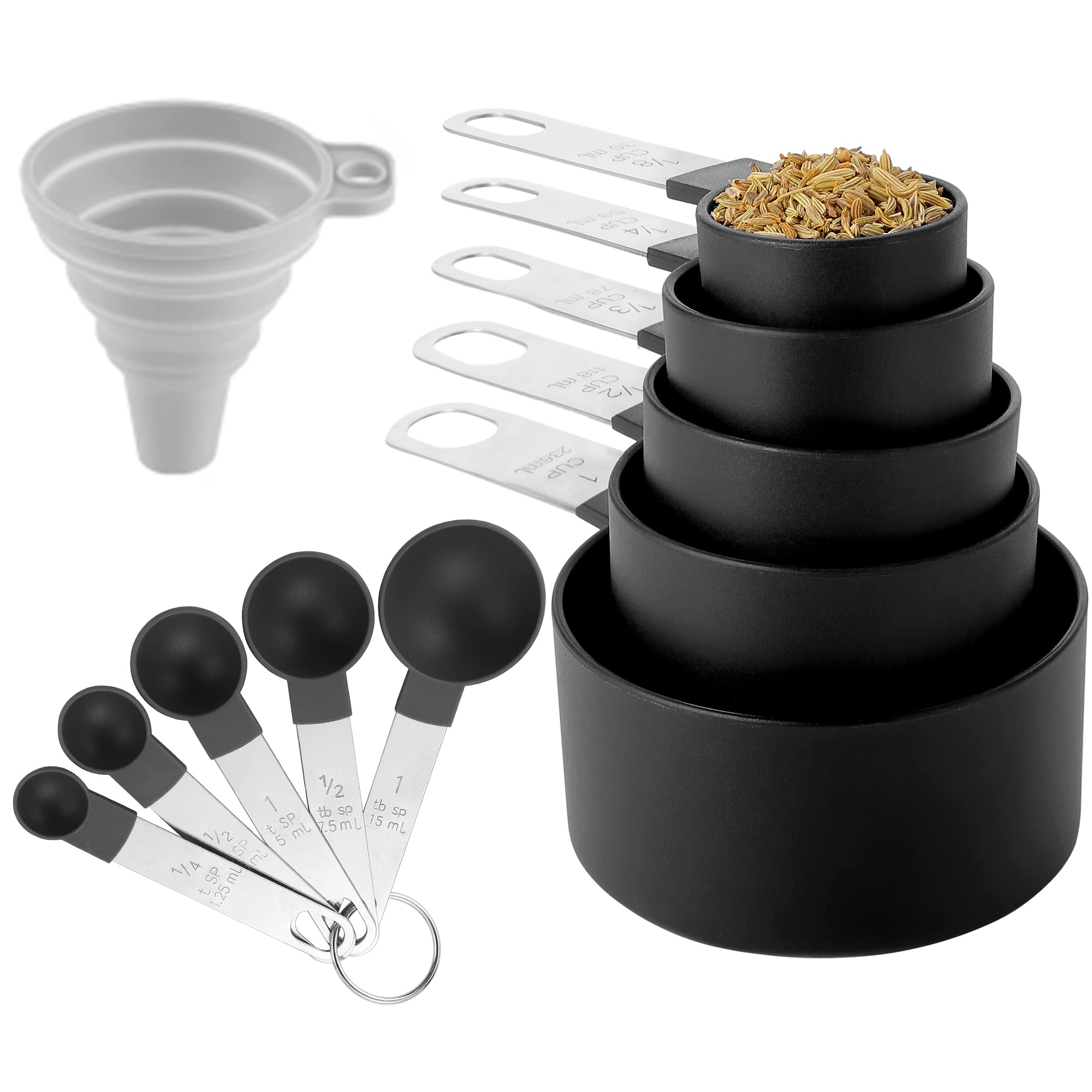 Huygens - Set di misurini e cucchiai da cucina, 8 pezzi, impilabili con manico in acciaio inox per misurare ingredienti secchi e liquidi (nero)