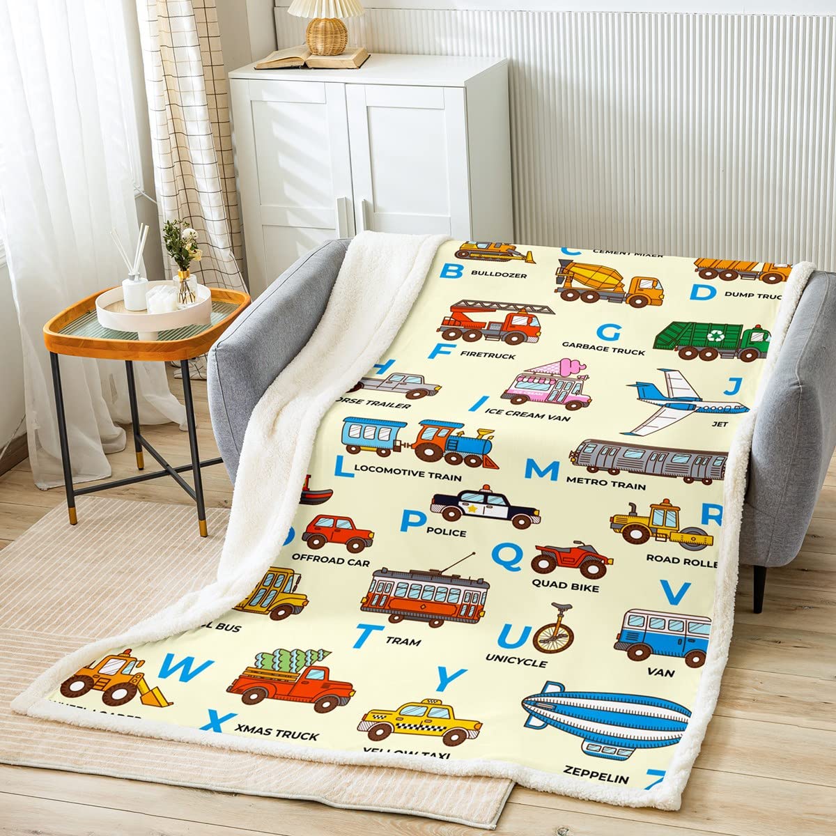 Coperta da escavatore in pile con stampa a fumetti, motivo alfabeto, sherpa, coperta sfocata, per bambini, ragazzi, ragazze, adulti, 200 x 200 cm, per letto e divano