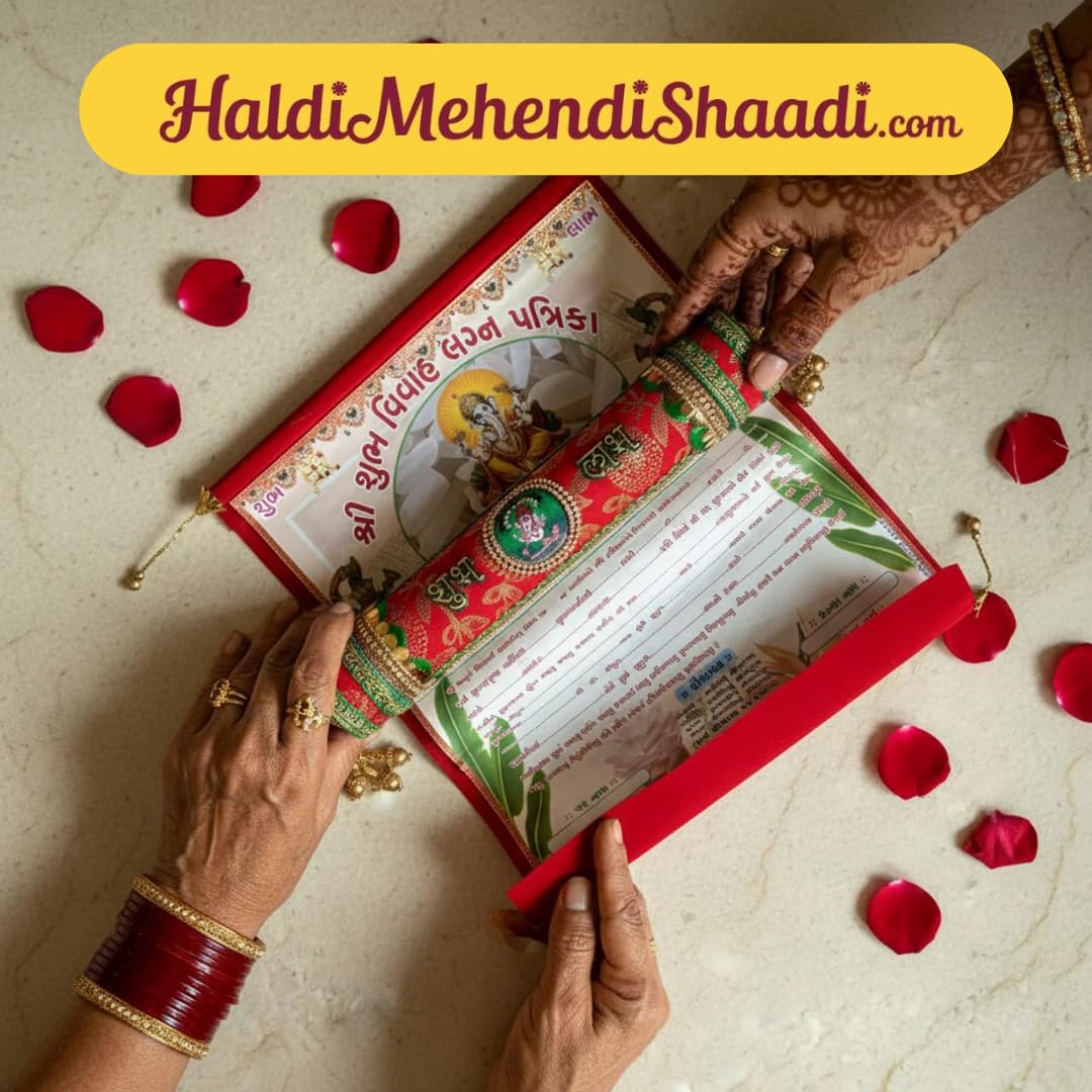 HALDI MEHENDI SHAADI Velvet Wedding Invitation Scroll Box with Gold Brass Frame, Ganesh Design, 29cm, Traditional Marriage Patrika with Tassel (Red Gujarati) 4
