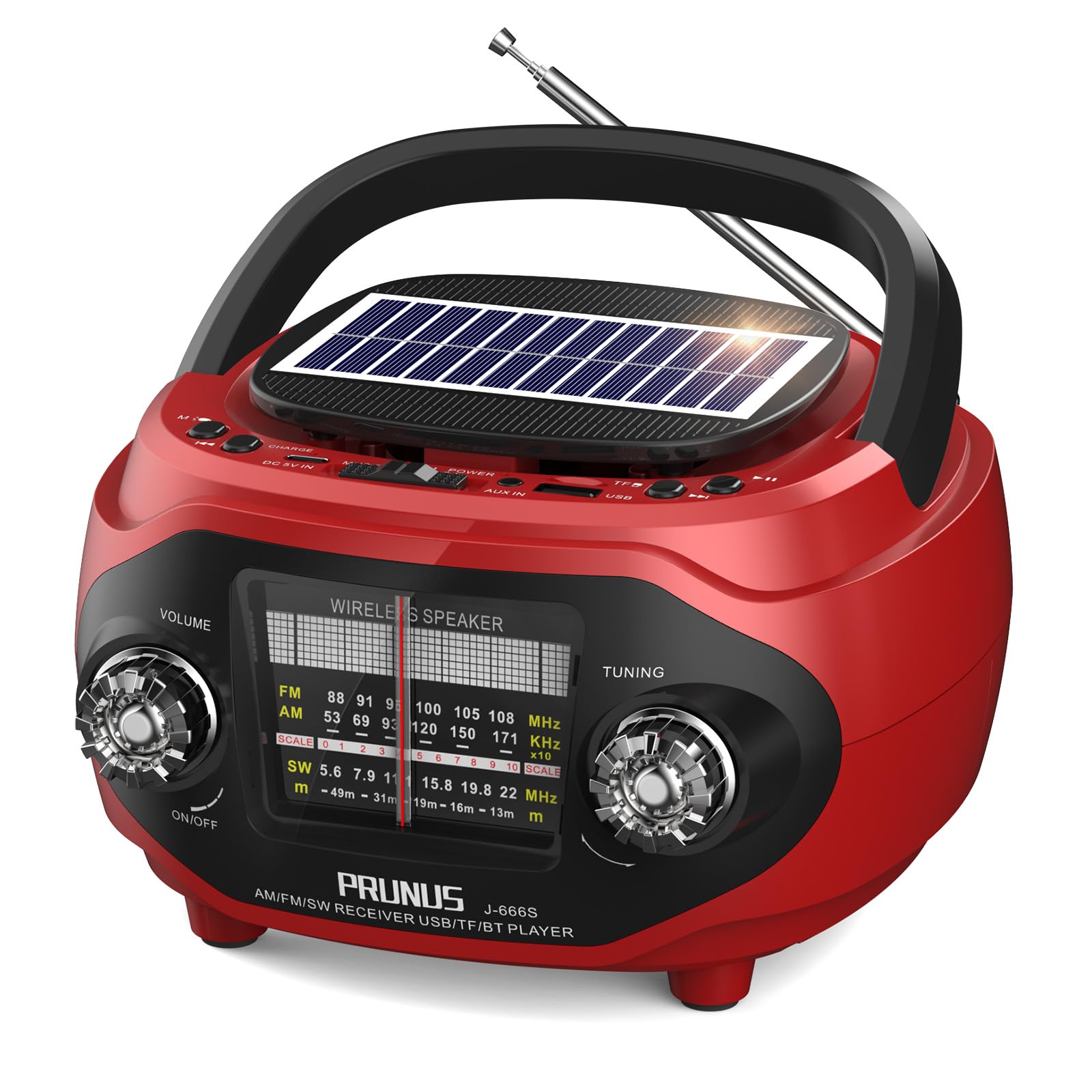 PRUNUS J-666S Radio Portatile Solare AM FM SW e Altoparlante Vintage Bluetooth 6.0 15W, Stereo e Bassi Ricchi, Ricaricabile via USB C, Supporta TF/USB/AUX, Ideale per Casa e Regalo (Rosso)