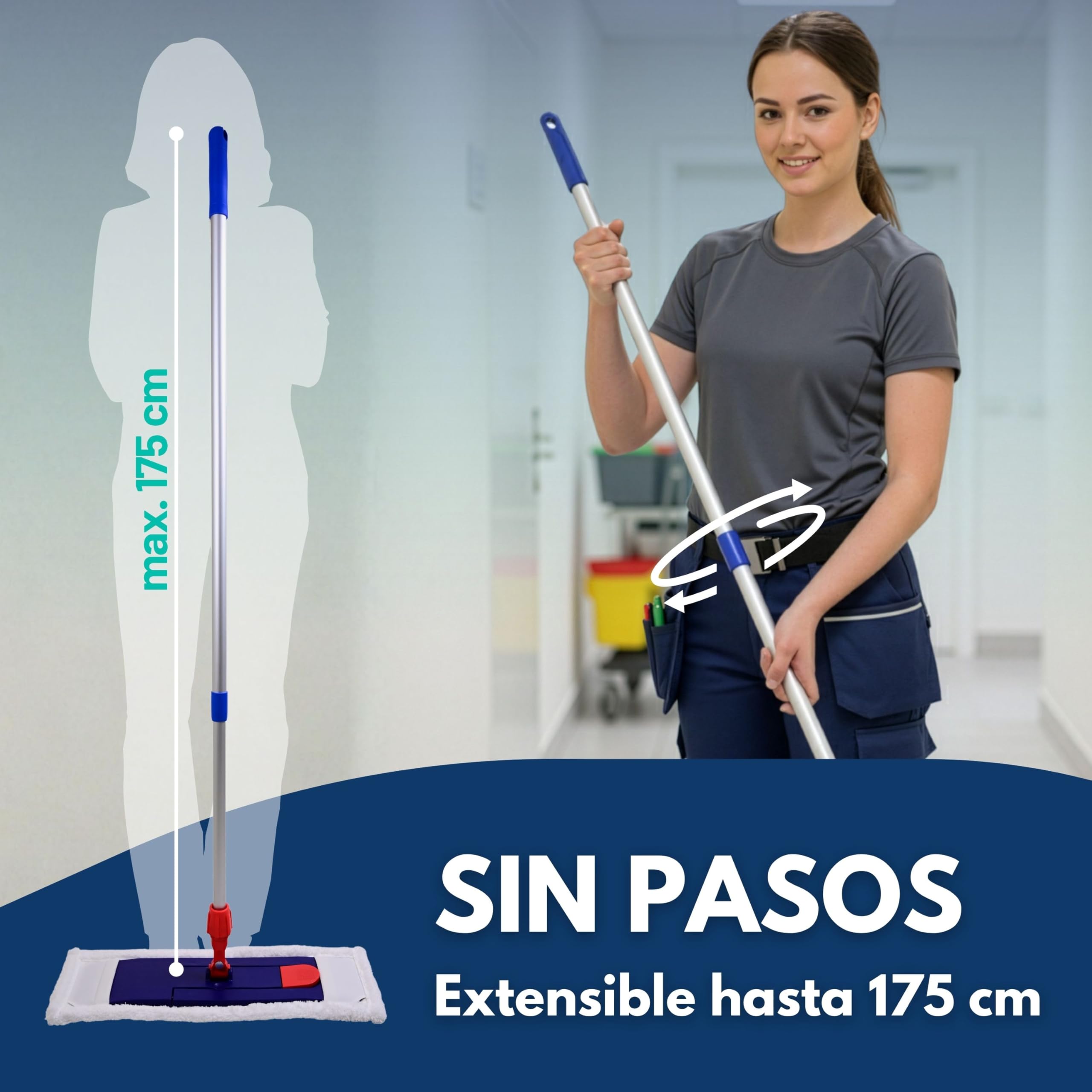 SONTY Mopa Profesional 50 cm – Fregona Plana con Soporte magnético, paño Microfibra 50 cm & Mango telescópico de Aluminio – para Limpieza Profesional, hostelería & Suelos Duros