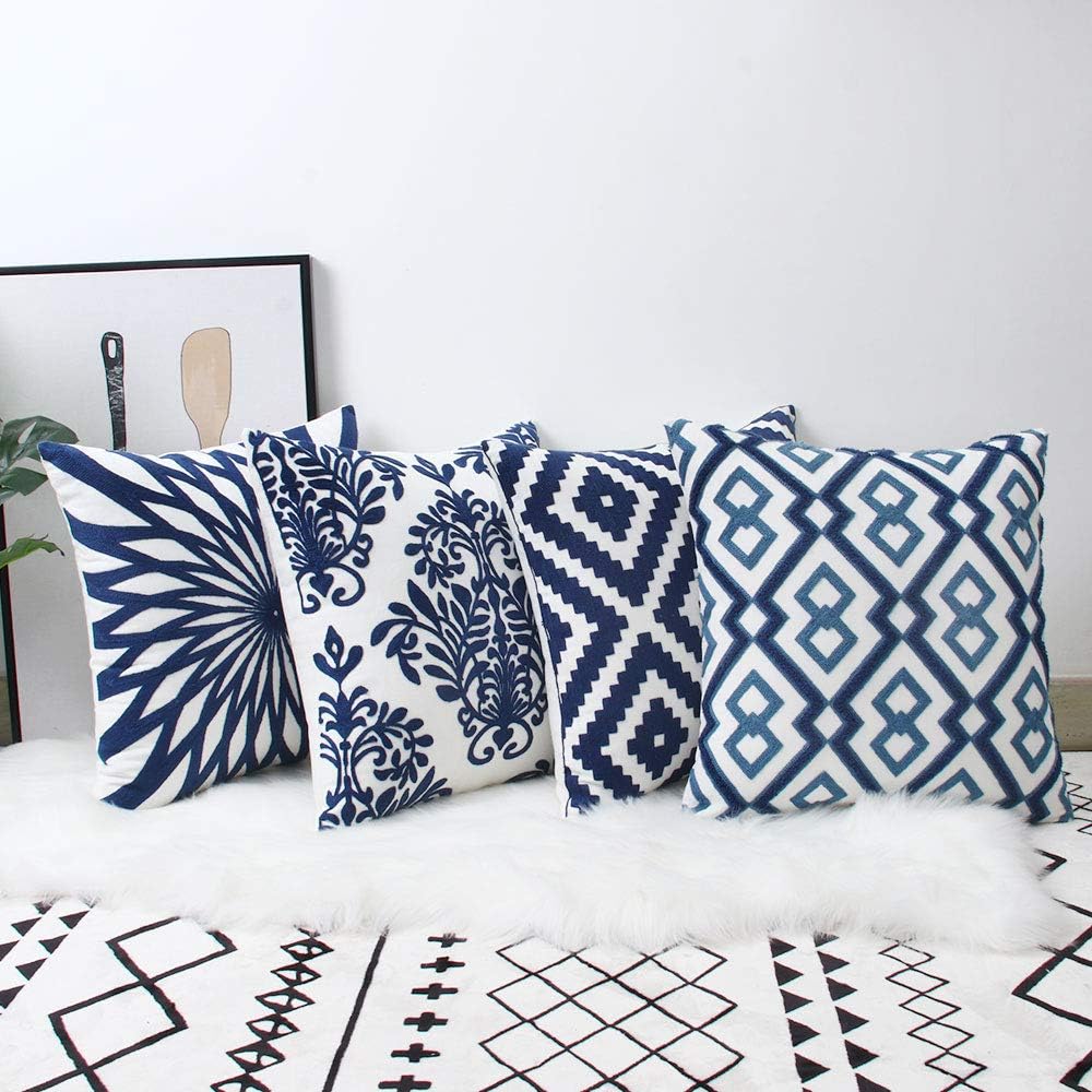 Zeroomade Embroidery Decorative Throw Pillow Covers 18×18 Square Solid Durable Cotton Cushion Pillow Covers Home Decor Navy Pack of 4