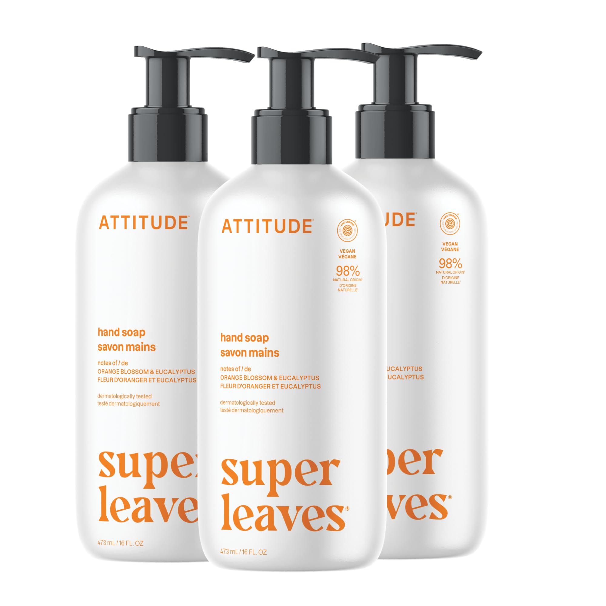 ATTITUDE Liquid Hand Soap, EWG Verified, Plant and Mineral-Based, Vegan Personal Care Products, Orange Blossom & Eucalyptus, 16 Fl Oz (Pack of 3)
