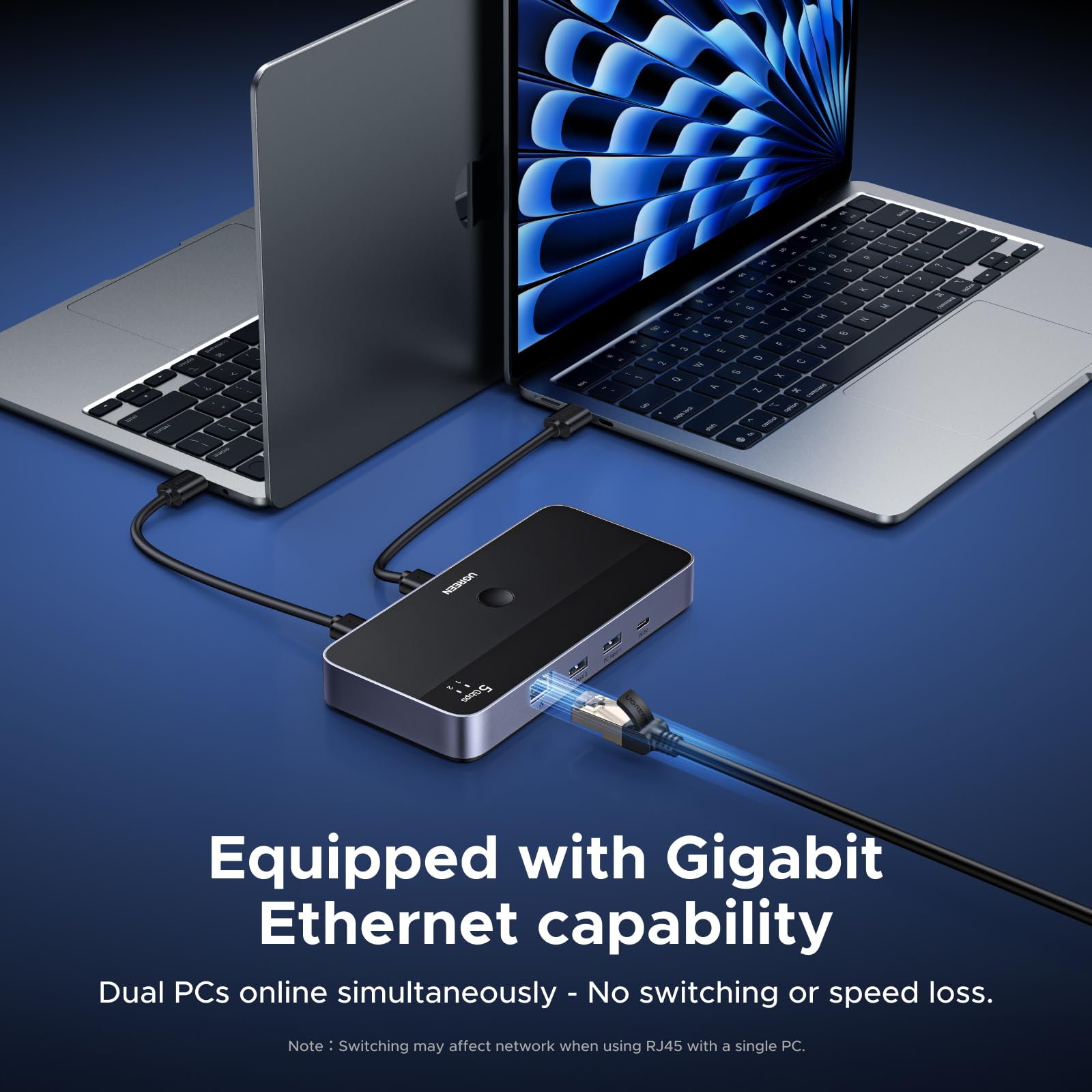 Przełącznik USB UGREEN dla 2 komputerów z portem RJ45, USB 3.0 z 2 wejściami i 4 wyjściami, w zestawie pilot zdalnego sterowania, plug & play, kompatybilny z systemami Windows/Mac/Linux itp.
