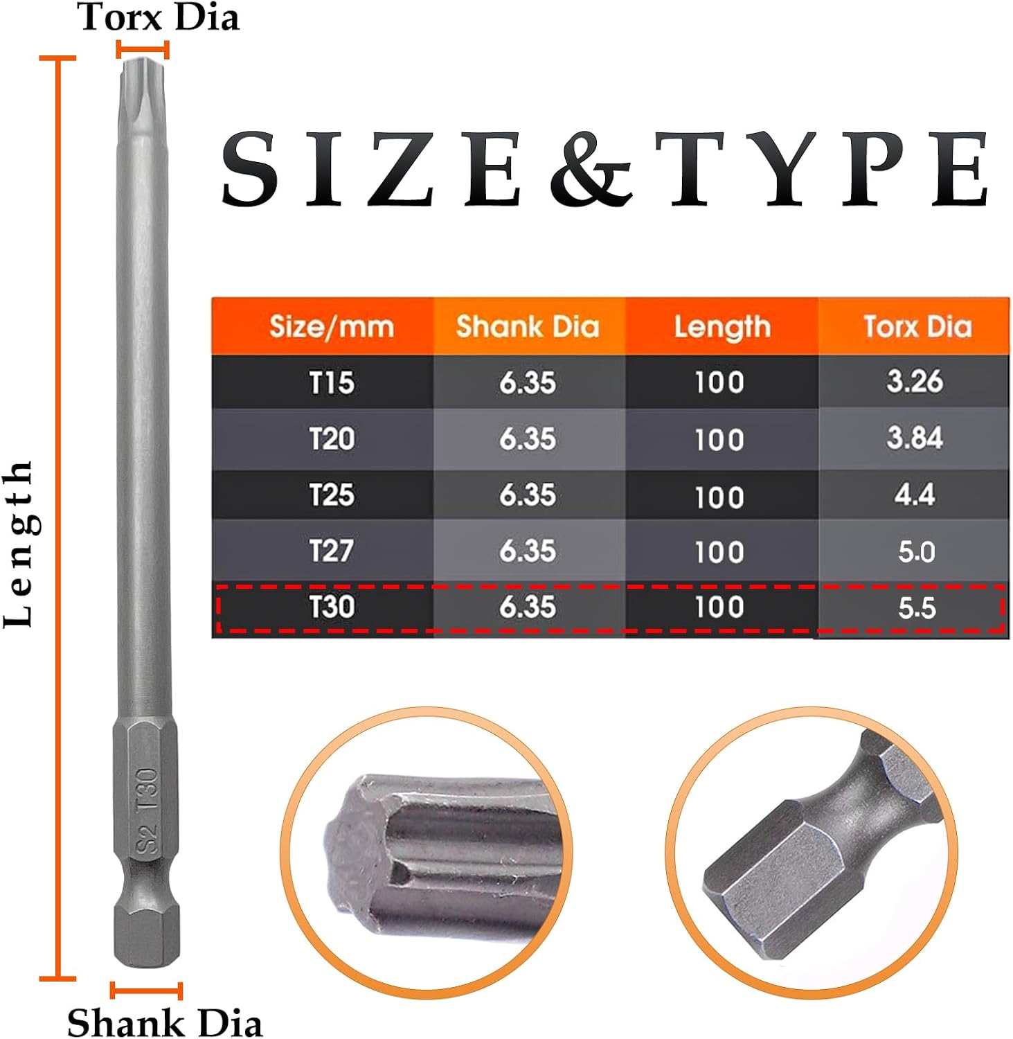 generic 10pcs Torx Screwdriver Bit Set,1/4 Inch Hex Shank T30 Magnetic S2 Steel 100mm Length Torx Bit Set(T30), Silver