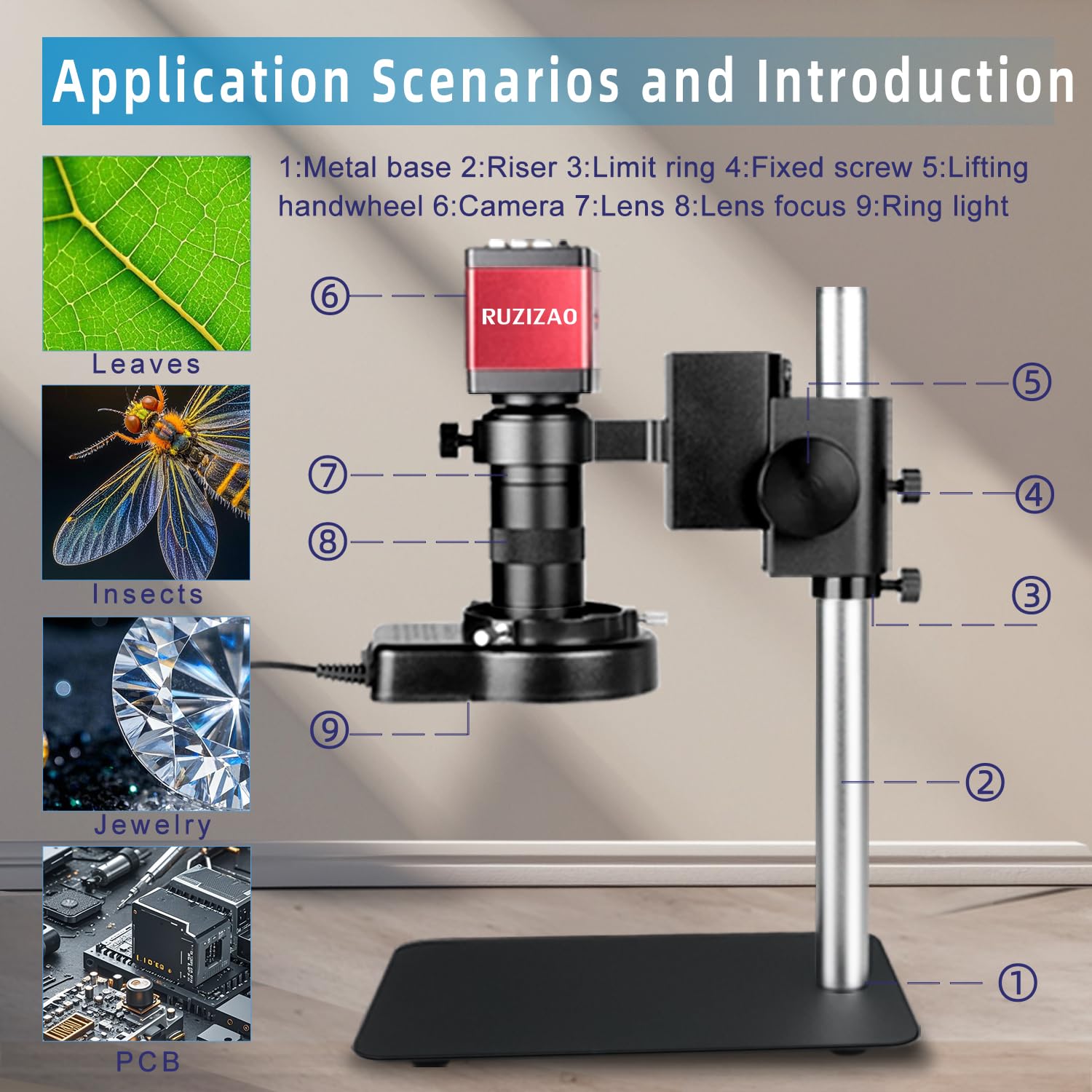 Microscope Numérique HDMI 1080P VGA Caméra avec Objectif Zoom 130X, Lumière LED Annulaire, Base Métallique
