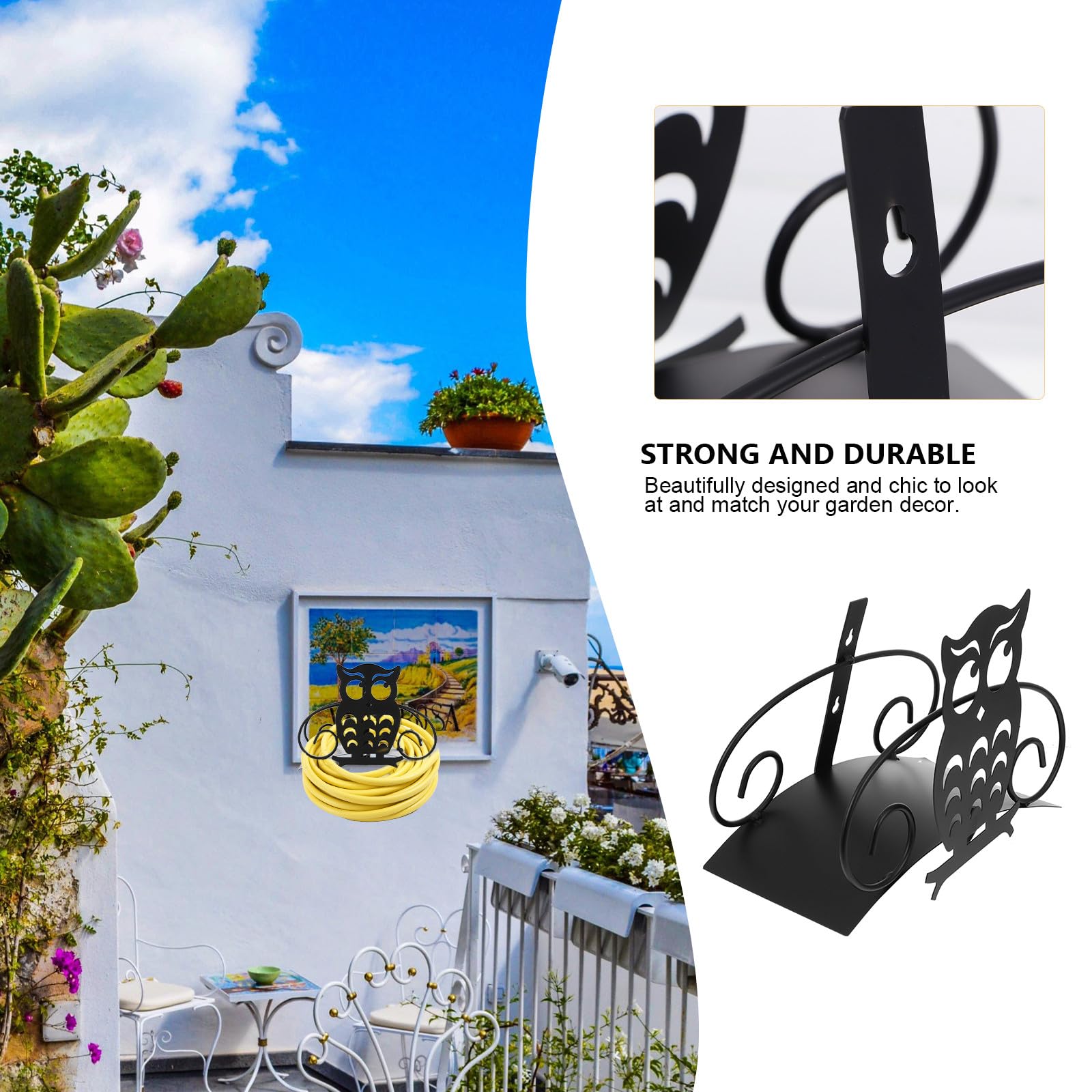 LALAFINA Soporte para Manguera de Hierro Negro Capacidad Grande, Resistente a Intemperie y Diseño Búho para Organización y Almacenamiento en Jardín
