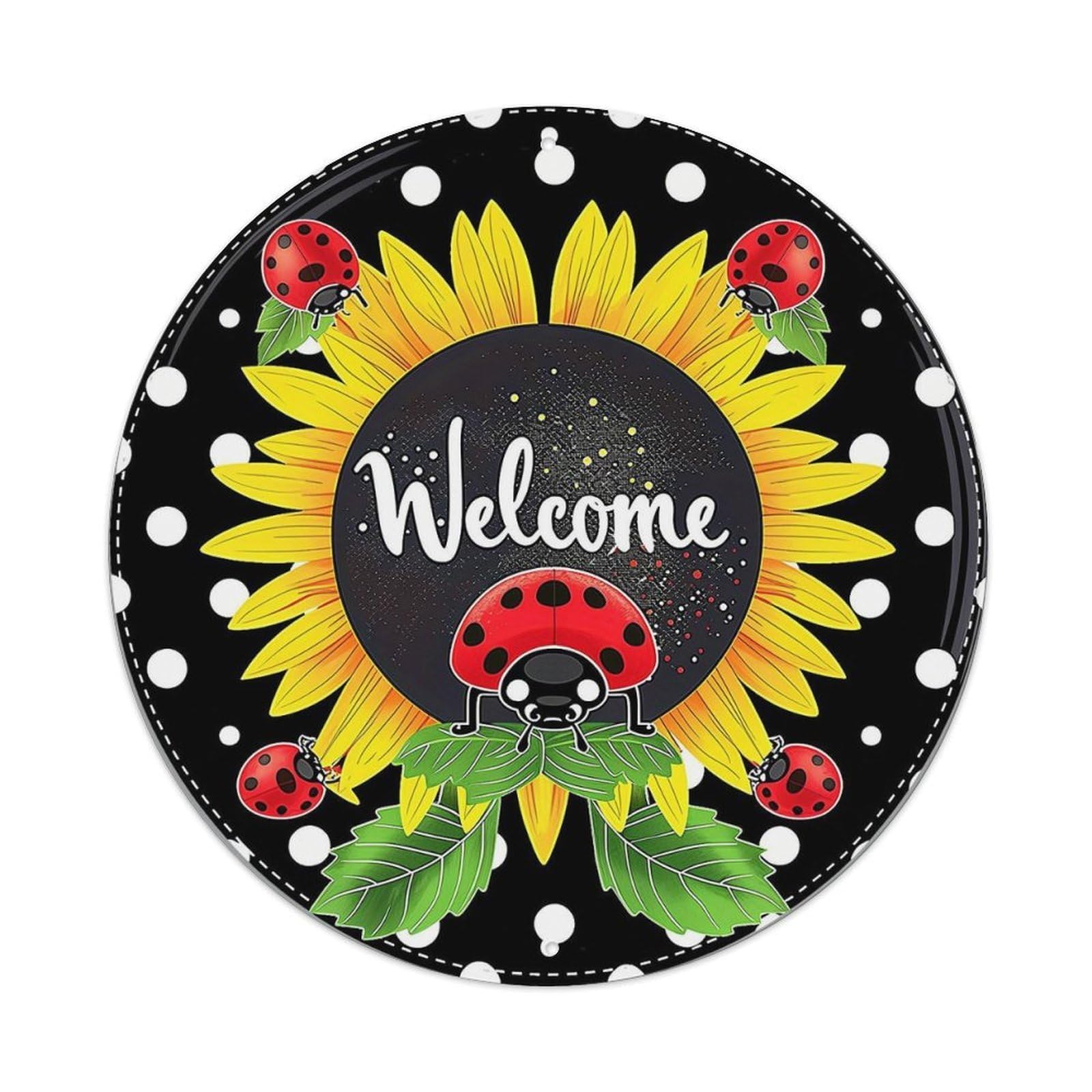 Sunflower Ladybug Welcome Pattern Print Round Tin Sign Vintage Metal Sign Home Bar Garden Indoor & Outdoor Wall Decor Retro Metal Poster 8x8 Inch