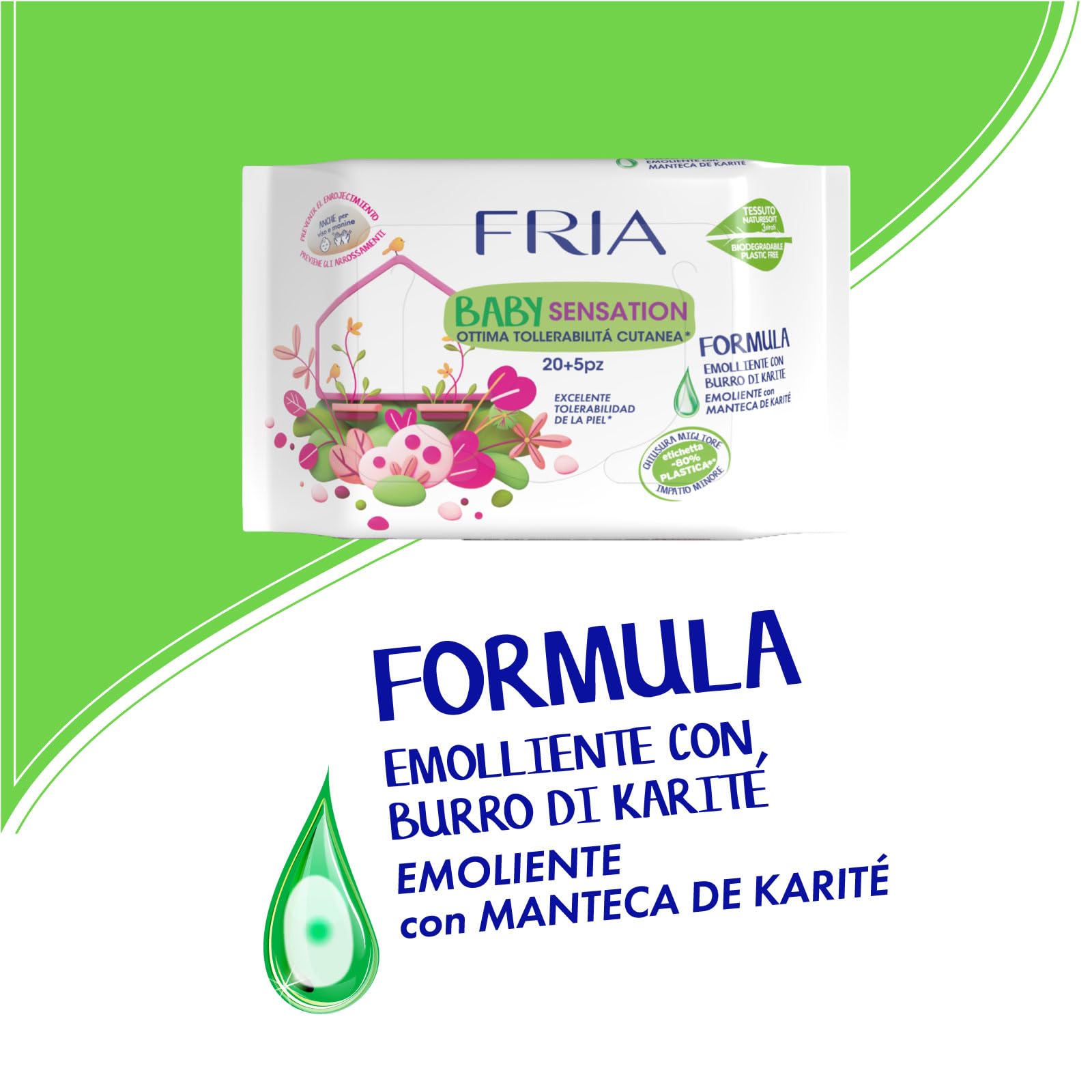 Fria Baby Sensation Salviette per Cambio Pannolino, con Burro di Karitè ad Azione Emolliente sulla Pelle, Dermatologicamente Testate, Pratica Confezione da Borsa con 20+5 Salviette