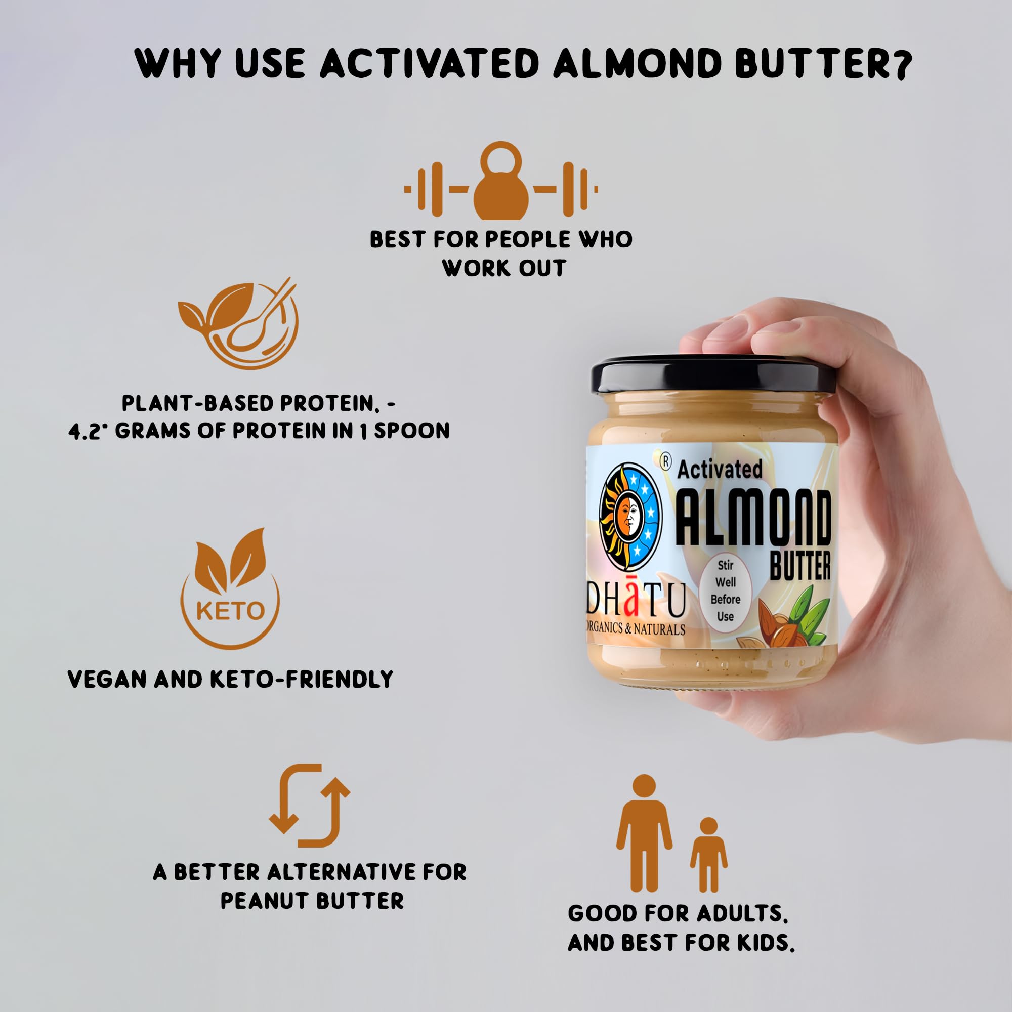 Dhatu Organics Activated Almond Butter 175g | Rich & Creamy | Vitamin E | Pre-soaked | Keto Friendly | Improved Digestion & Nutrient Assimilation | Unsweetened | Stoneground - Image 4 thumbnail