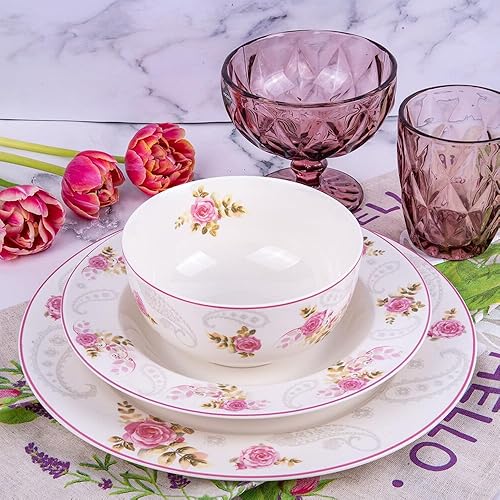 Miniatura 6 de STPGoods - Juego de 6 platos llanos de porcelana con diseño floral de rosas de China para ensalada, pasta, postre grande, aptos para microondas y