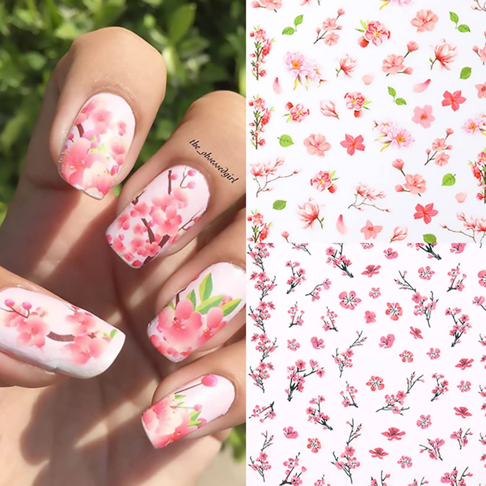 Excefore Flower Nail Art Stickers, 8 Sheets Decals Colorful Cheery Blossoms 3D Nail Sticker, Spring Floral Leaves Adhesive Transfer Decals Slider Summer Nail Decorations for Nails DIY Nail Art
