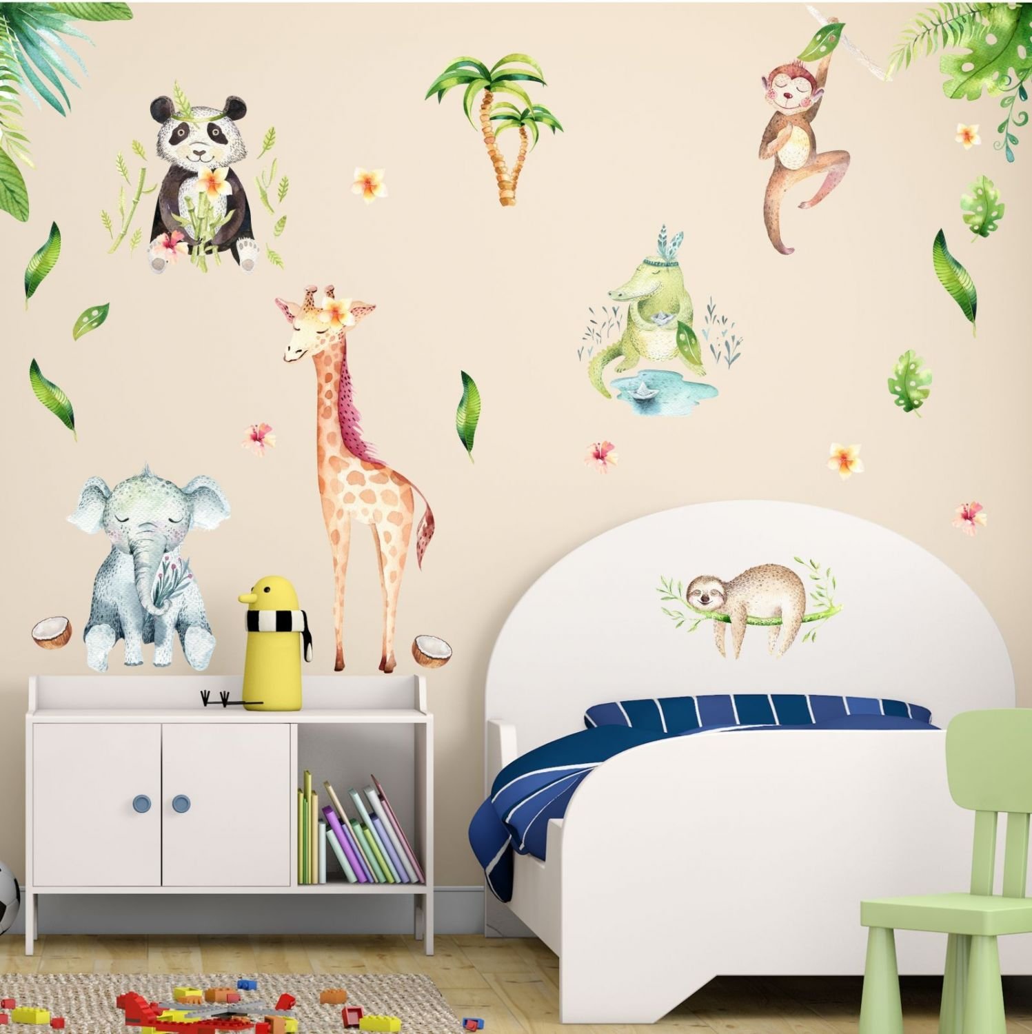 nikima Bonito para niños – 113 – Adhesivo de pared con diseño de animales de la selva, elefante, jirafa, panda, abuelo, mono, en 6 tamaños, para habitación de los niños, acuarela, acuarela, verde,
