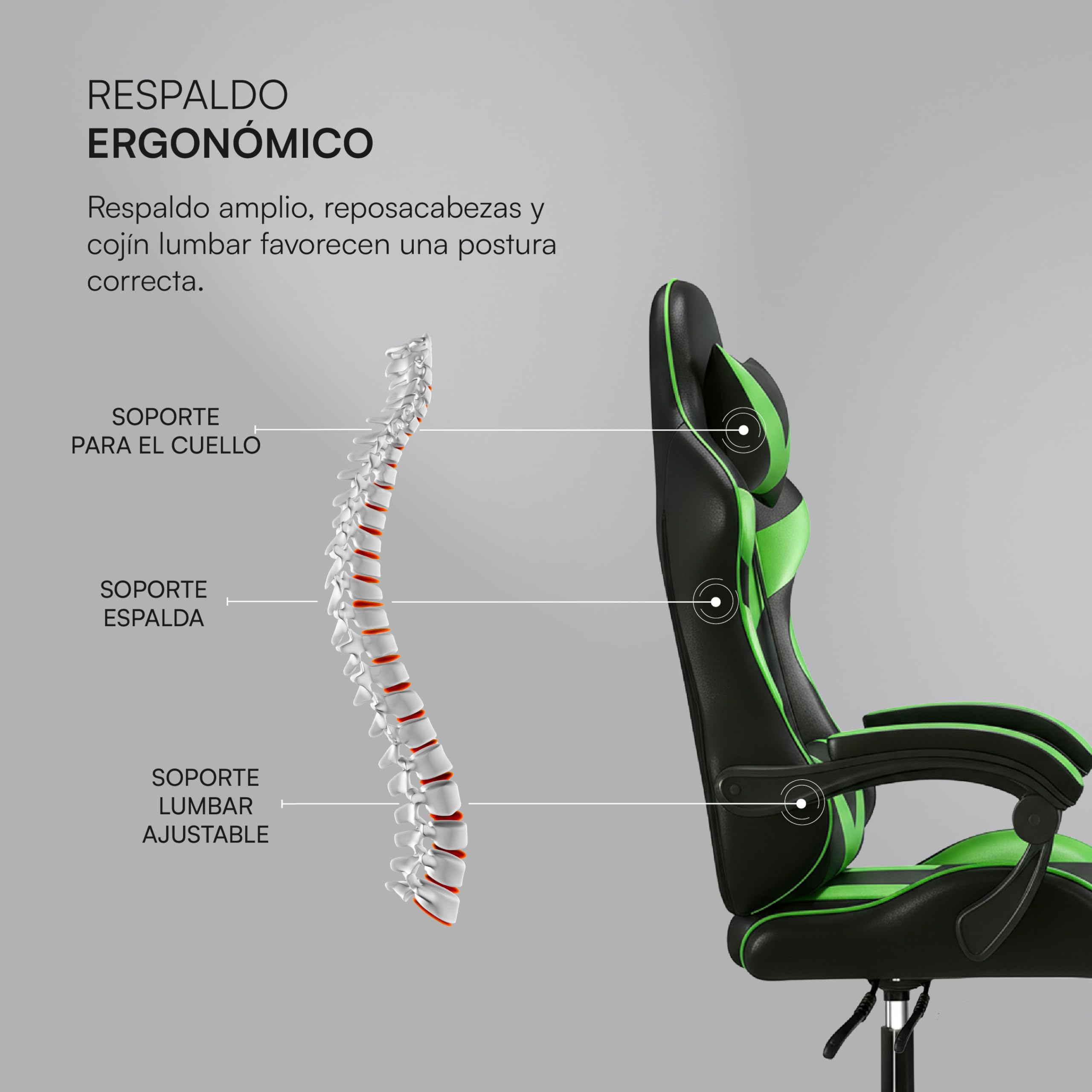 Baroni Home Silla Gaming con respaldo ergonómico inclinable y altura ajustable, silla de oficina con soporte lumbar, reposacabezas acolchado, 50 x 62 x 110-120 cm, negra y verde