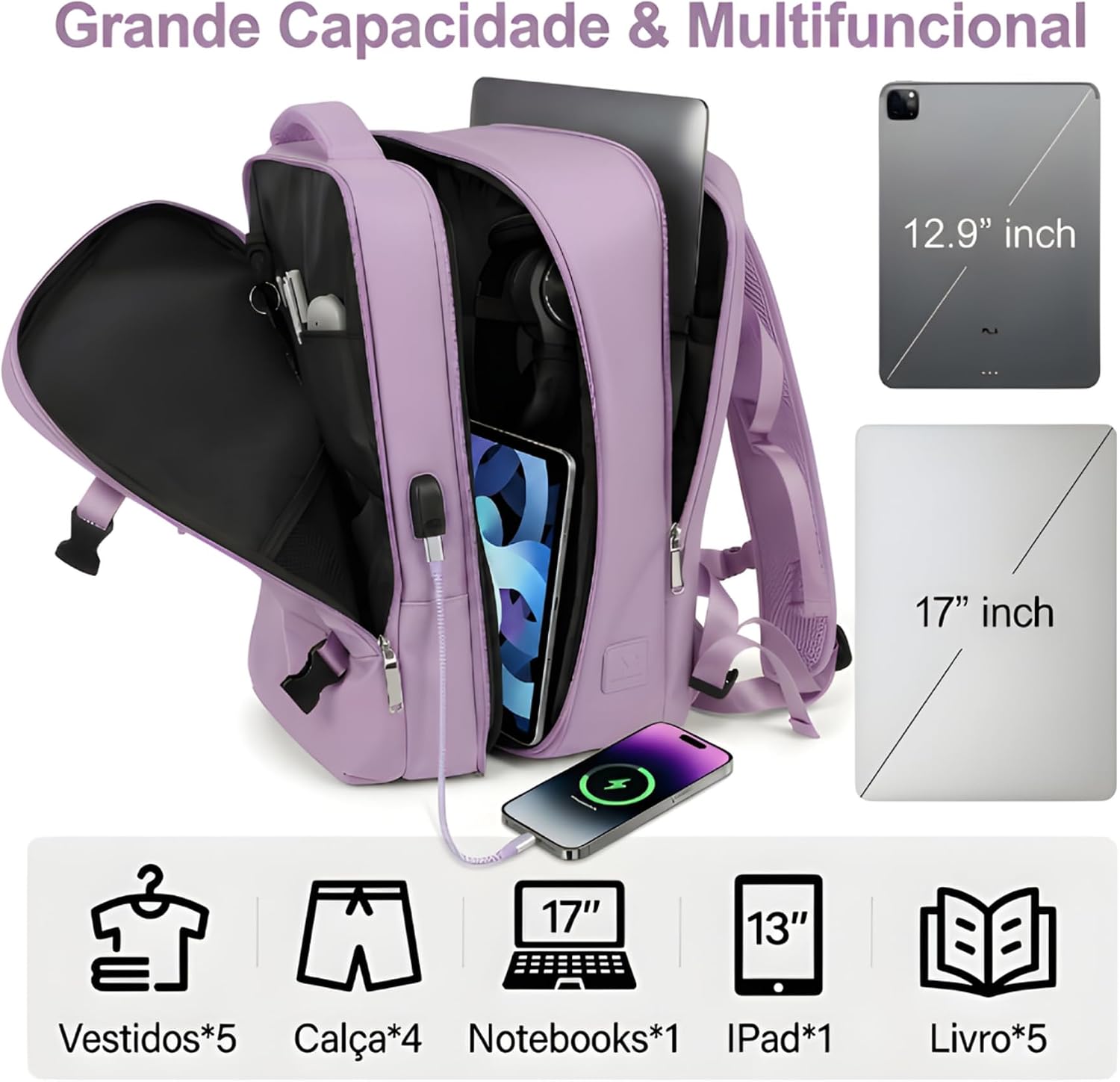 Mochila Viagem Avião Expansível 40L Impermeável Bagagem de Mão Premium Mochila Viagem Avião Expansível 40L Impermeável Bagagem de Mão Premium