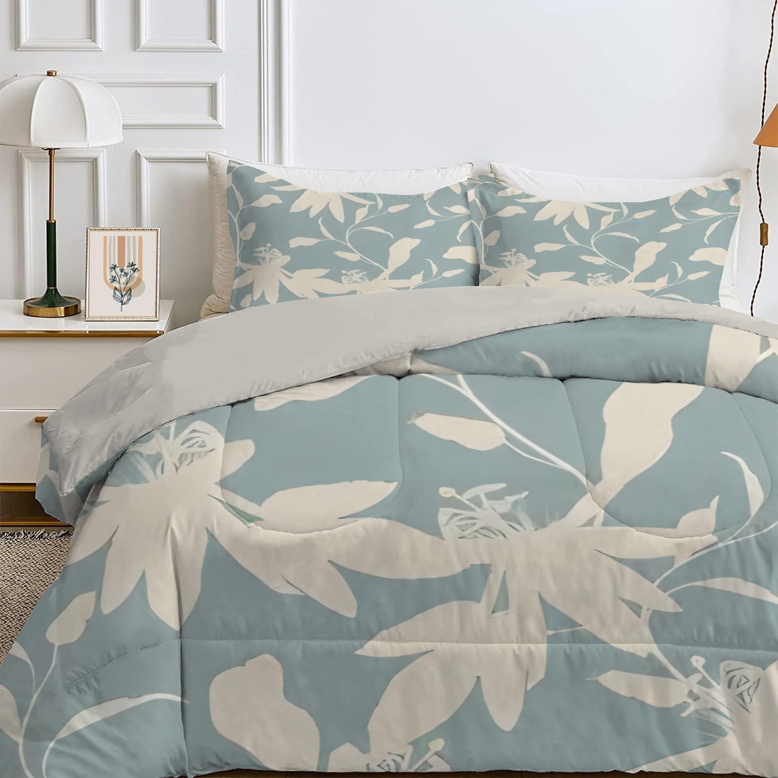 Qiwagu Light Blue Queen Size Duvet, Quilt 7.5 Tog For Summer & Autumn, Reversible Coverless Duvet With Floral Pattern, Lightweight Soft Comforter With 2 Pillowcases, 228X228cm, Machine Washable