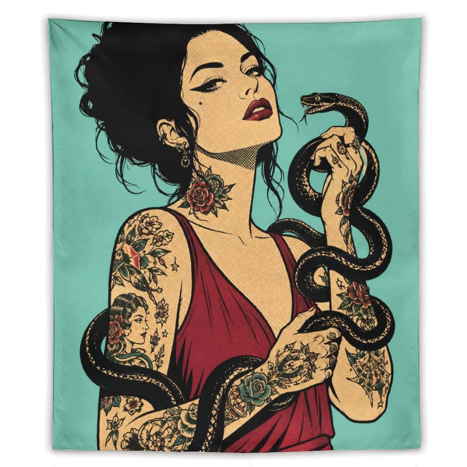 H3B8U2Y5 Tattooed Woman with Snake Wall Tapestry, Pop Art Style, Dorm Room