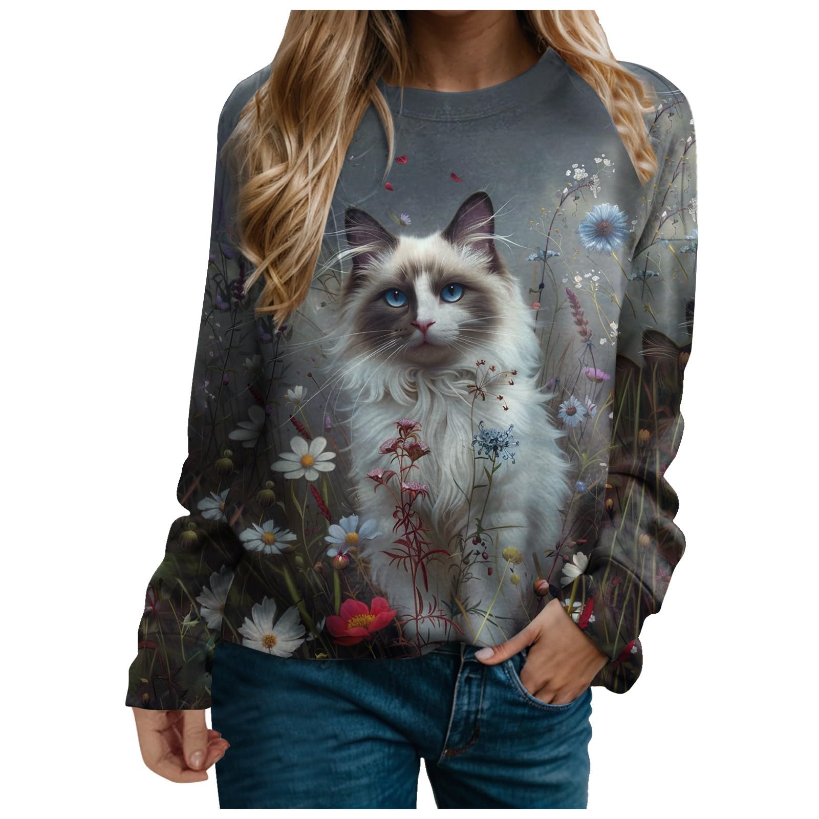 Cropped Sweatshirt Damen süßer Katzenpullover, grafischer Rundhalspullover, übergroßer, origineller, lustiger Sweatshirtpullover