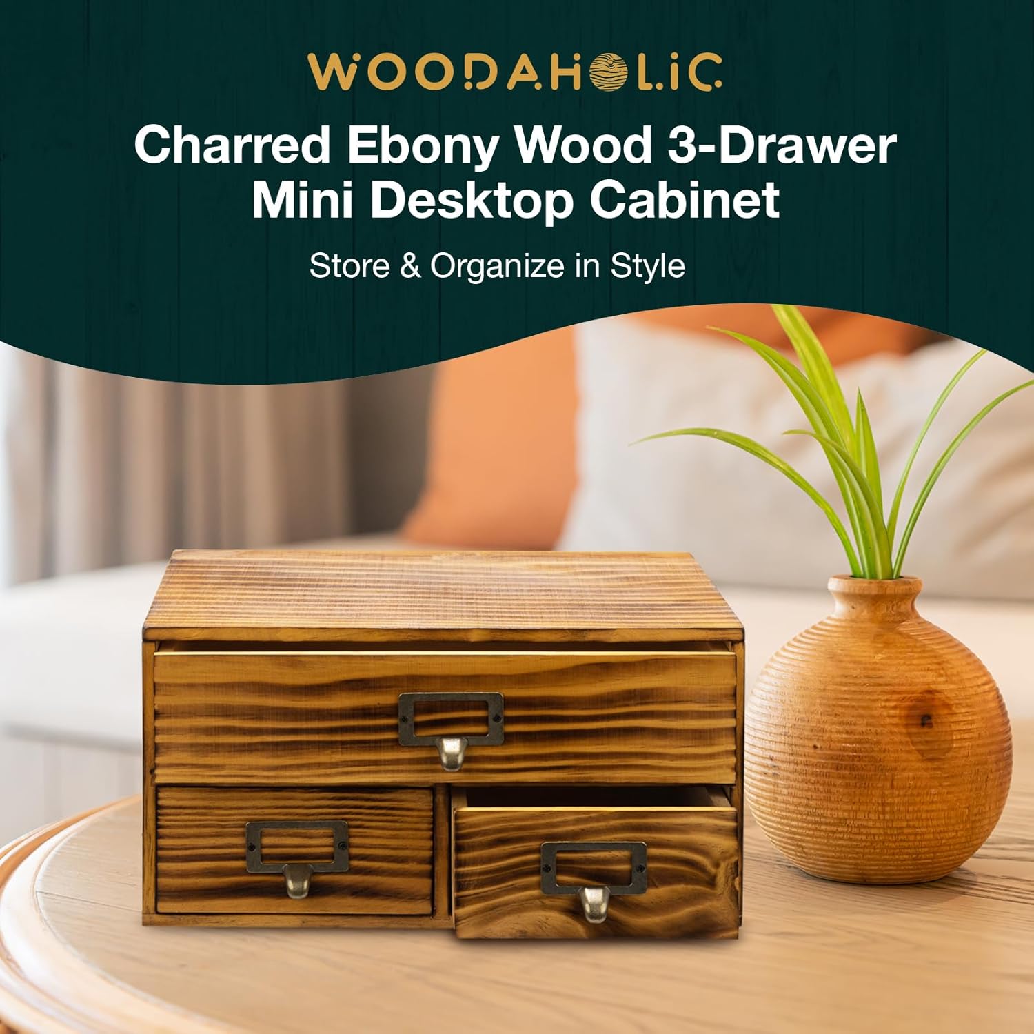 3-Drawer Charred Ebony Wood Desktop Cabinet - Classic Brown Desktop Chest Drawer Unit - Vintage Solid Wood Storage Drawers for Table - Office Study Table Organizer Cabinet - Card Catalog Drawers…