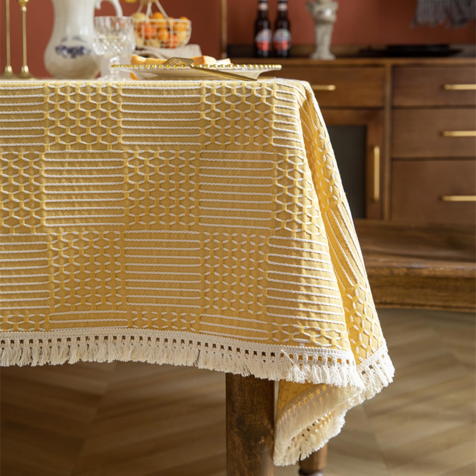 Mantel Mesa Rectangular Antimanchas | Elegante Mesas de Café con Borlas | Cubierta de Mesa Resistente | Moderno para Decoración la Mesas Comedor (Amarillo,140x220 cm)