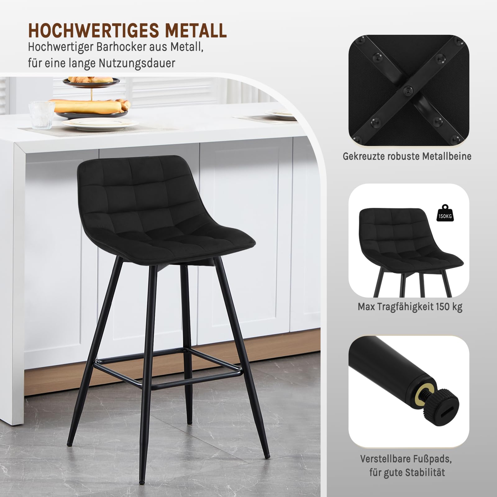 WOLTU Barhocker 2er Set Designer Barstuhl Hocker Tresenhocker Bistrohocker mit Fußstütze Samt Metall Schwarz