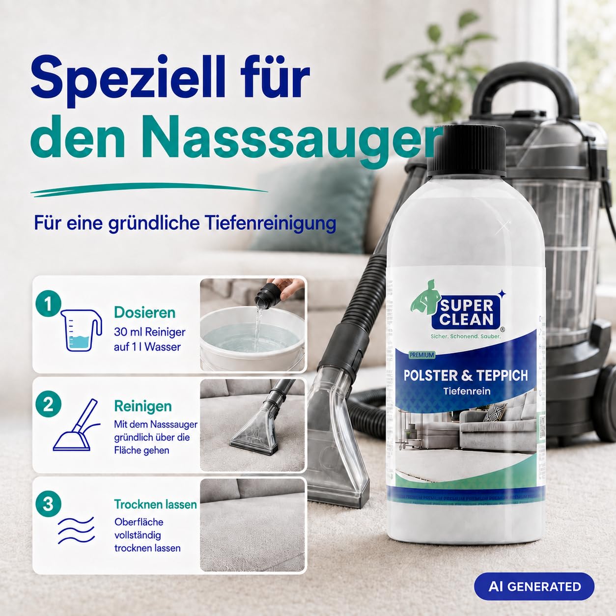 SUPER CLEAN Polster- & Teppichreiniger, 10 l | Ergiebiges Konzentrat gegen Flecken und Gerüche für Sofa, Teppich und Autositze