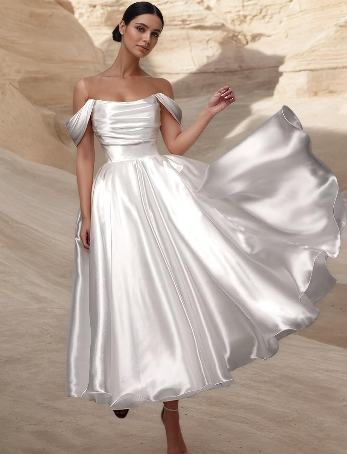 Tea Length Wedding Dresses for Bride Off Shoulder Satin Prom Dress Pleated A Line Evening Party Ball Gown