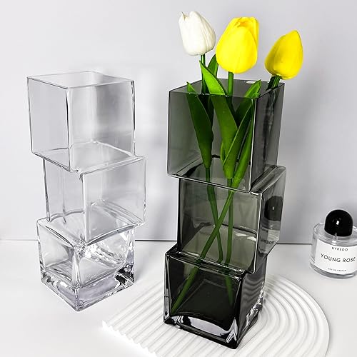 Miniatura 5 de Florero de vidrio grueso de 10.6 pulgadas para centros de mesa, jarrones de flores únicos, jarrones grandes modernos para decoración del hogar y la