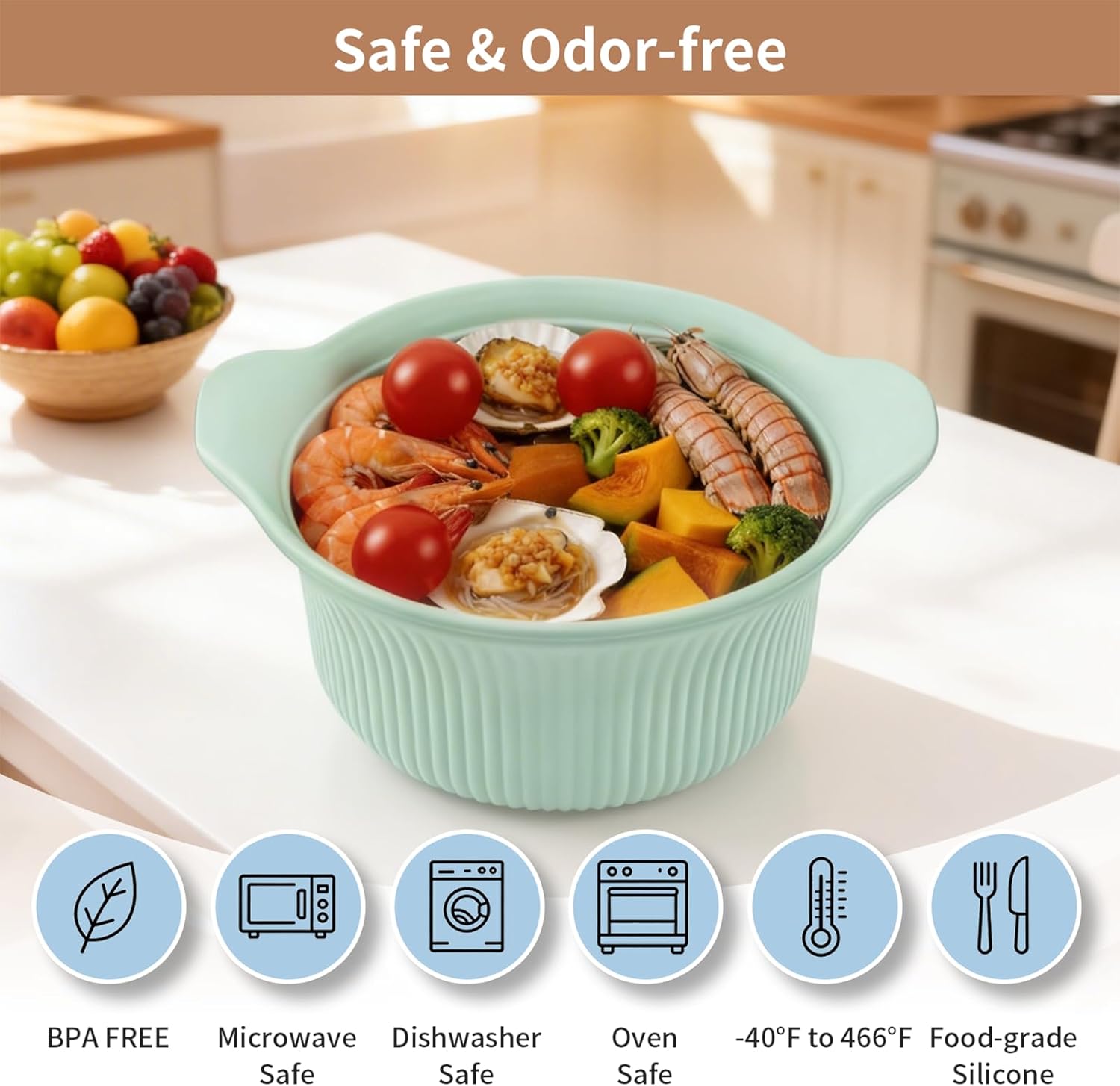 42oz Microwave Silicone Steamer for Vegetables & Cooking, 3 Compartmented Microwave with Lid, Oven (Green)