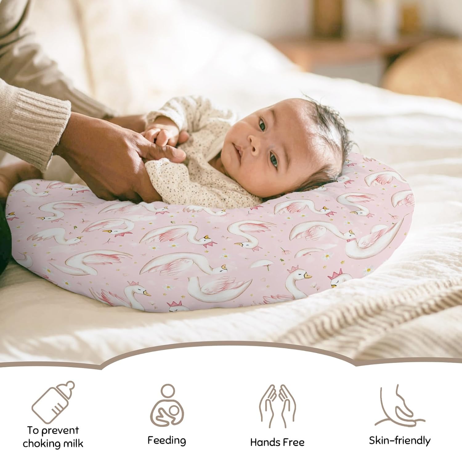 Cute Swan Daisy Floral Pink Nursing Pillow Cover Ultra-Soft Comfortable for Baby Girls Boys Princess Crown Wildflowers Nursing Slipcovers for Animal Breastfeeding Pillows for Newborn Infant