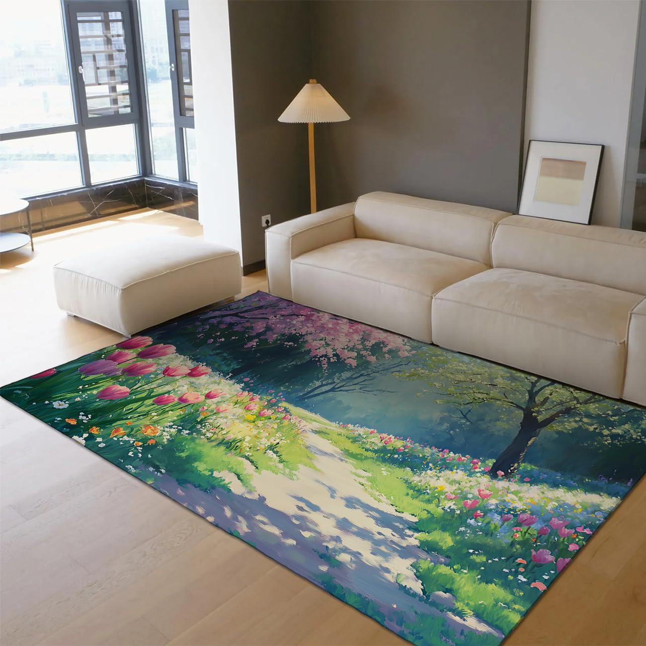 Tapis de salon tulipe 60x120cm pastel à poil bas pour cuisine et bureau