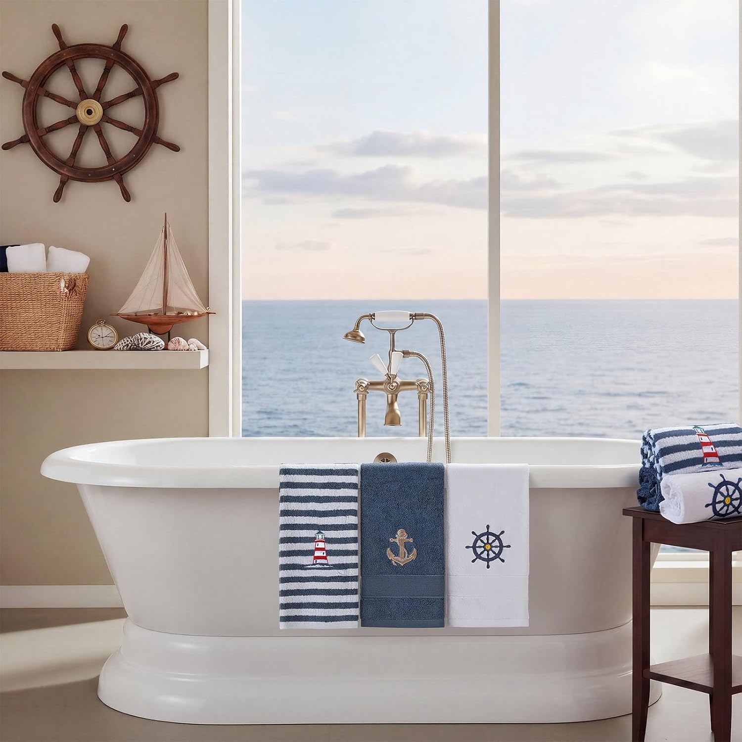 SmoothNovelty 3 Pcs Coastal Hand Towels, Nautical Embroidered Cotton | Anchor Ship Wheel Lighthouse Designs, Soft Absorbent for Bathroom Guest, Beach Lake Home Decor, 13.78x29.53 Inch