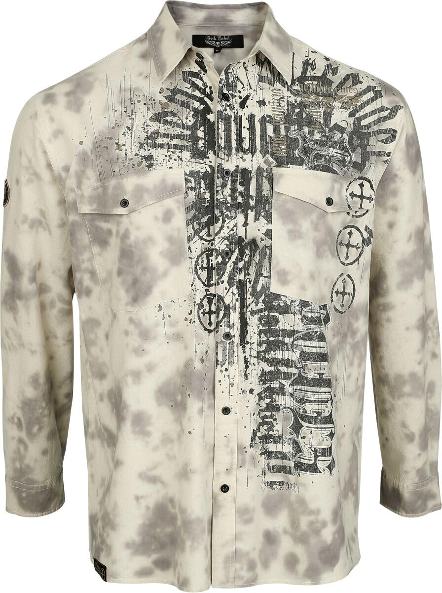 Rock Rebel by EMP Hombre Camisa de Manga Larga Color Arena con Estampado Integral y Bolsillos en el Pecho