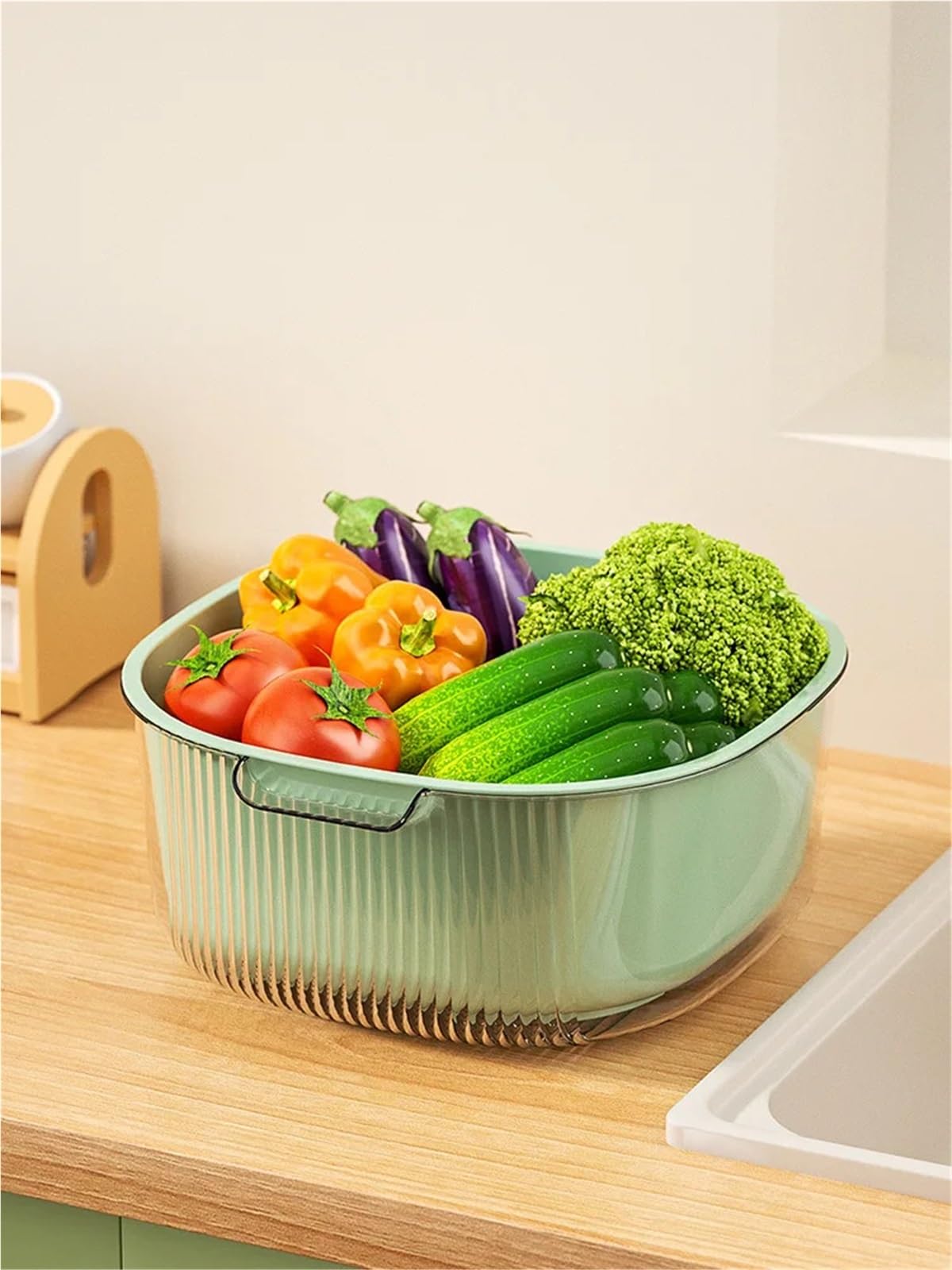 Cesta de drenaje frutas multifuncional, utensilio cocina, 2 uds Para Cocina | Deshidratador de verduras de doble capa, cesta de drenaje de frutas de gran capacidad(Green)