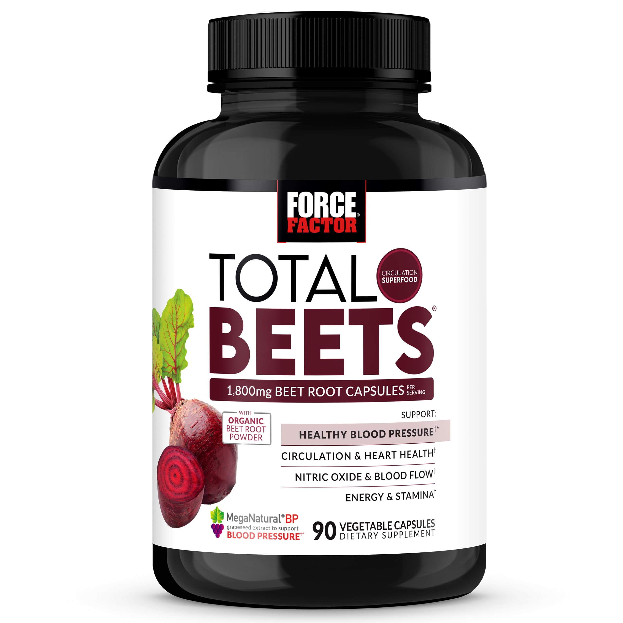 Force Factor Total Beets Blood Pressure Support Beet Root Capsules, 1800mg Organic Beet Root Powder Beet Supplement with Hawthorn Berry to Support Circulation and Blood Flow, 90 Vegetable Capsules