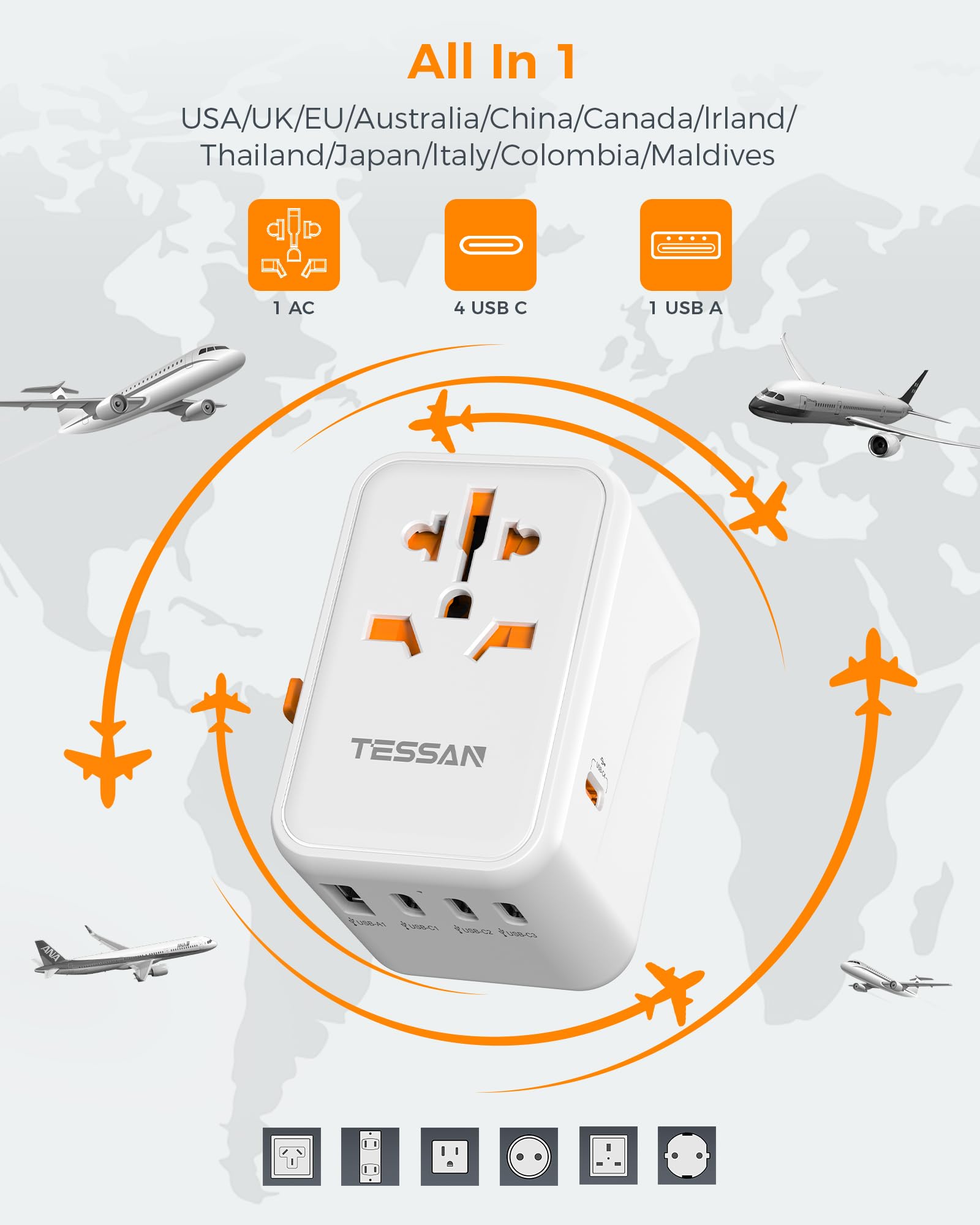 TESSAN Adattatore Universale da Viaggio, GaN Ricarica Rapida da 65W, Presa Universale da Viaggio con 4 USB C e 1 USB A, Adattatore Prese Spina per UK, USA, Australia, Tailandia, Giappone