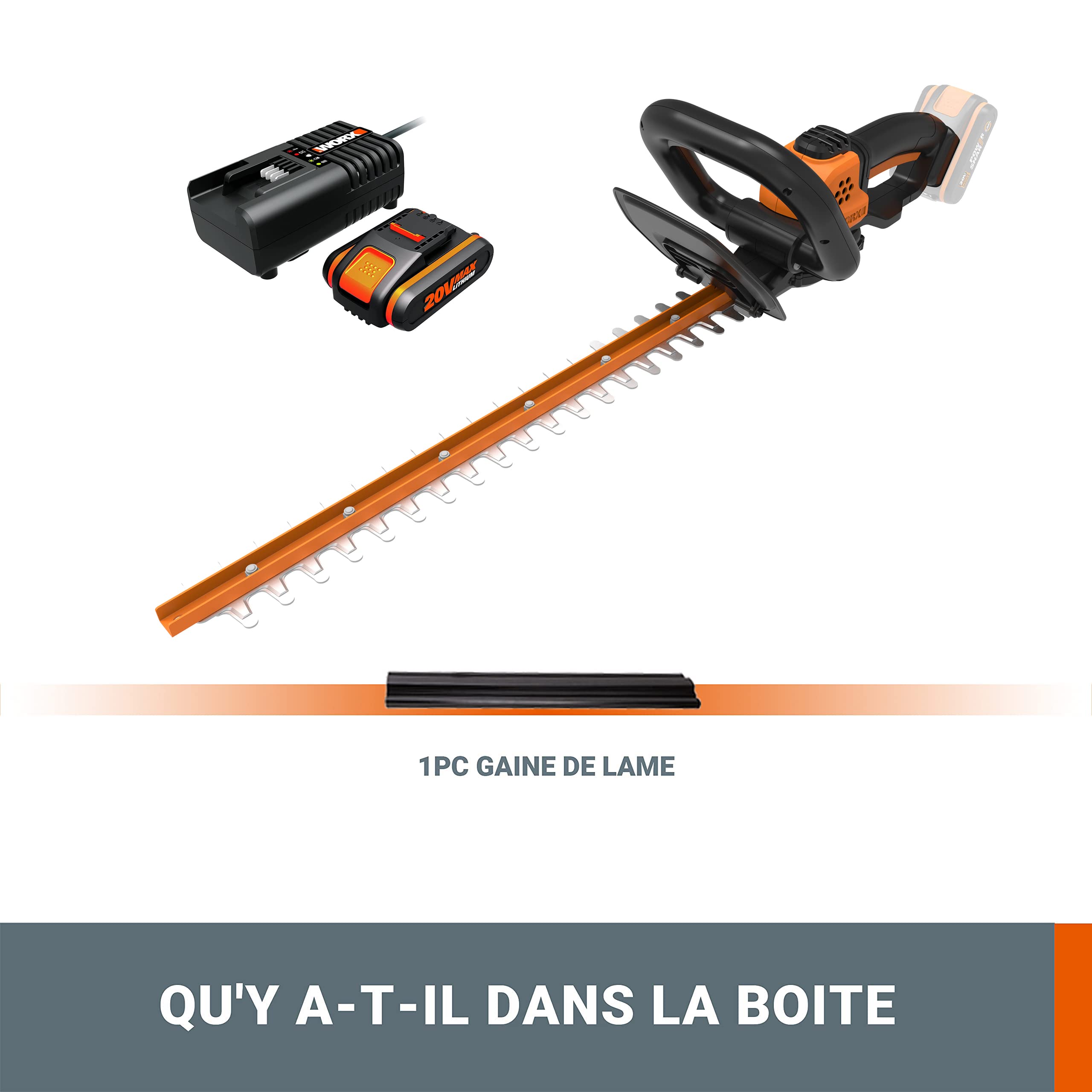 WORX - Taille-Haies sans Fil - 20V- Lame de 46 cm- WG261E.9 + Pack Batterie / Chargeur - 20V-2,5Ah (Poignées avec 2 Positions, Lame Double Action, Compatible avec Les Outils et Batteries PowerShare)