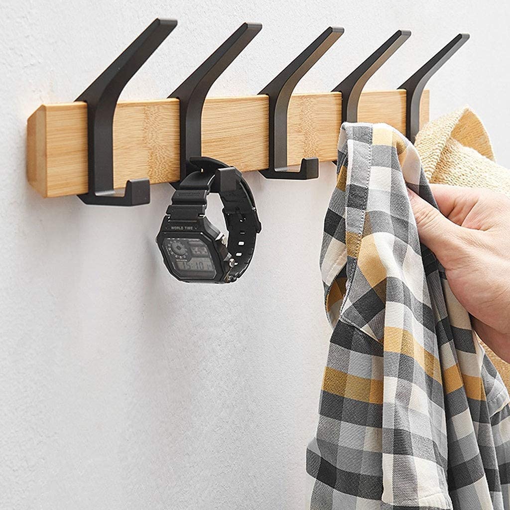 Percha Pared Ganchos para Abrigos Montados En La Pared, para Ropa Modernos con Base De Madera Y Perchero Gancho Fila Metal para Entrada, Pasillo, Dormitorio Colgadores(Log Color+Black,5 Hooks)