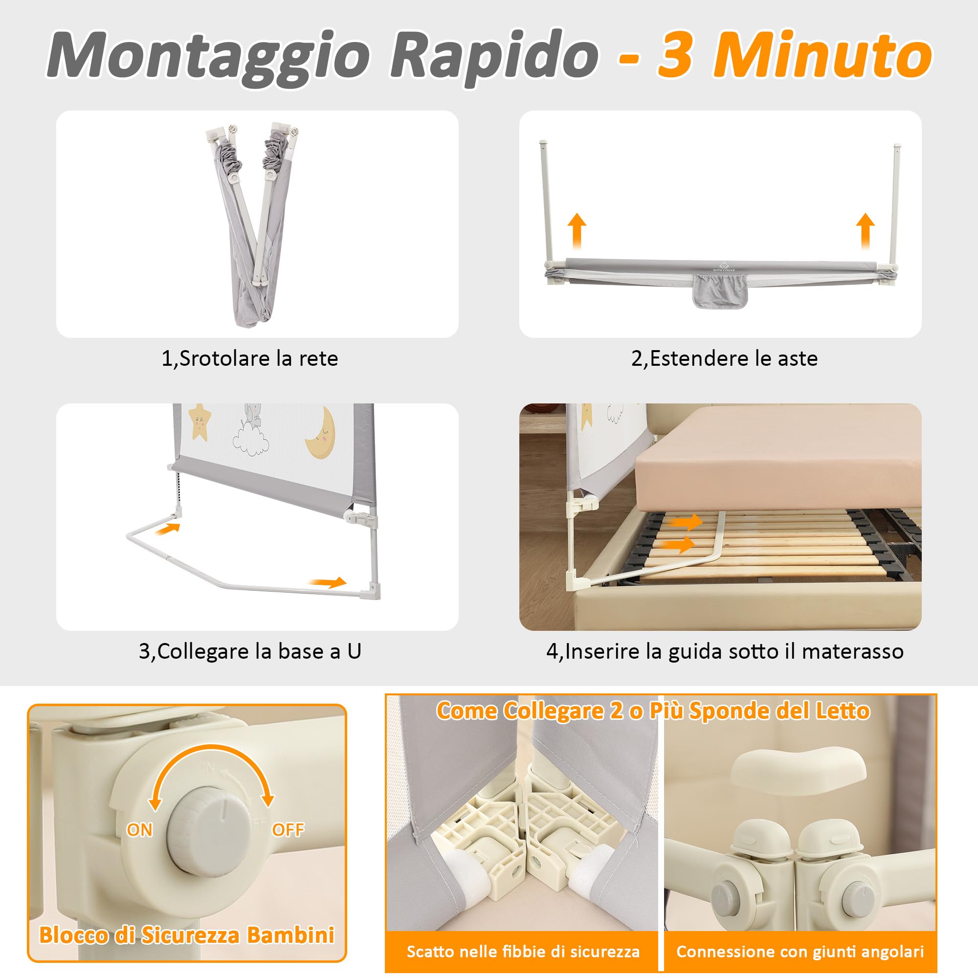 Sponda Letto Bambini Set van 3, Set di Universale Barriera Protettiva Bambini Barriera Letto Altezza - (2 x 200 cm + 1 x 180 cm) in bundle