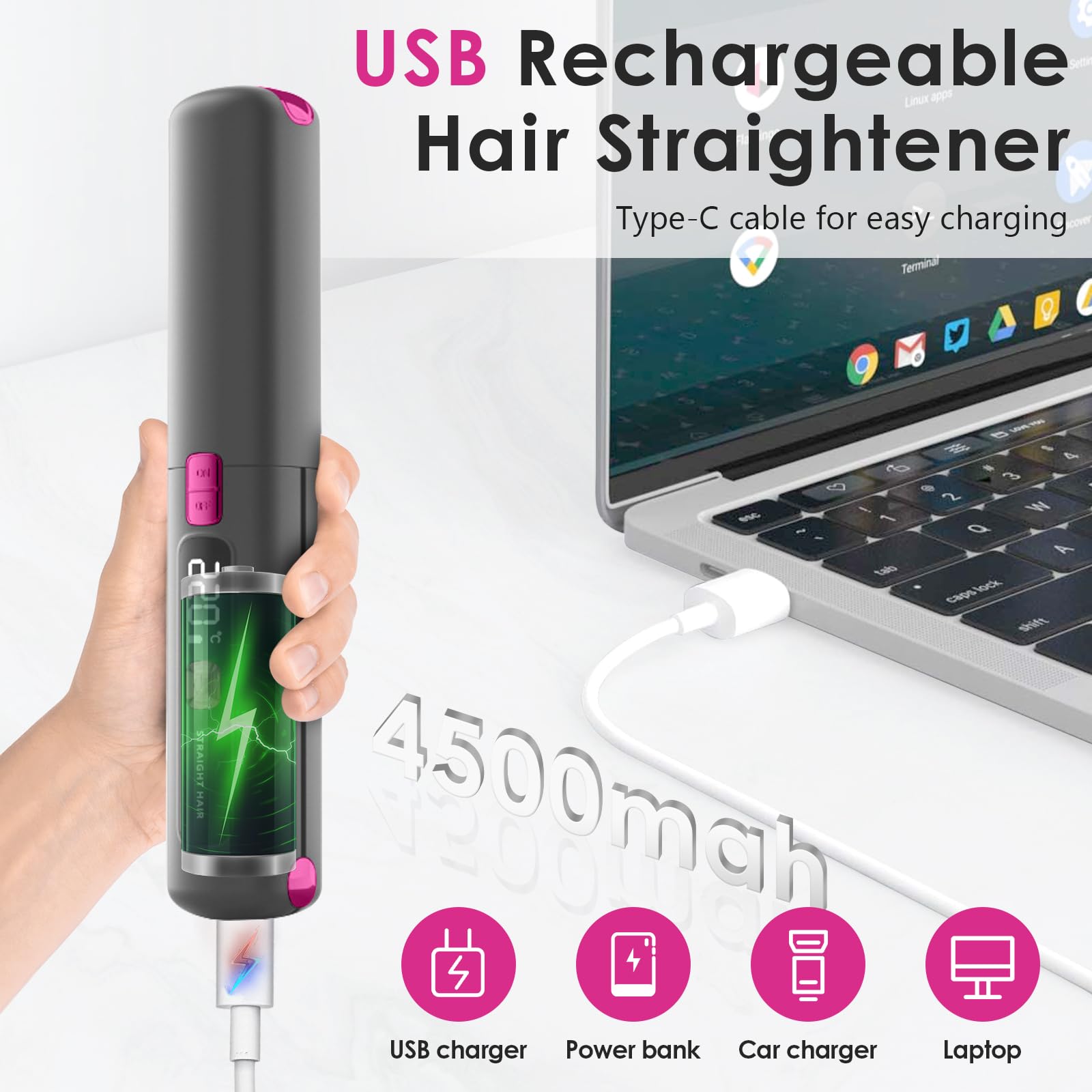 Piastra per Capelli Senza Fili, 2 in 1 Mini Piastra e Arricciacapelli Portatile, Ricaricabile USB, Riscaldamento Rapido, 6 Temperatura Regolabile, Piastra da Viaggio Capelli