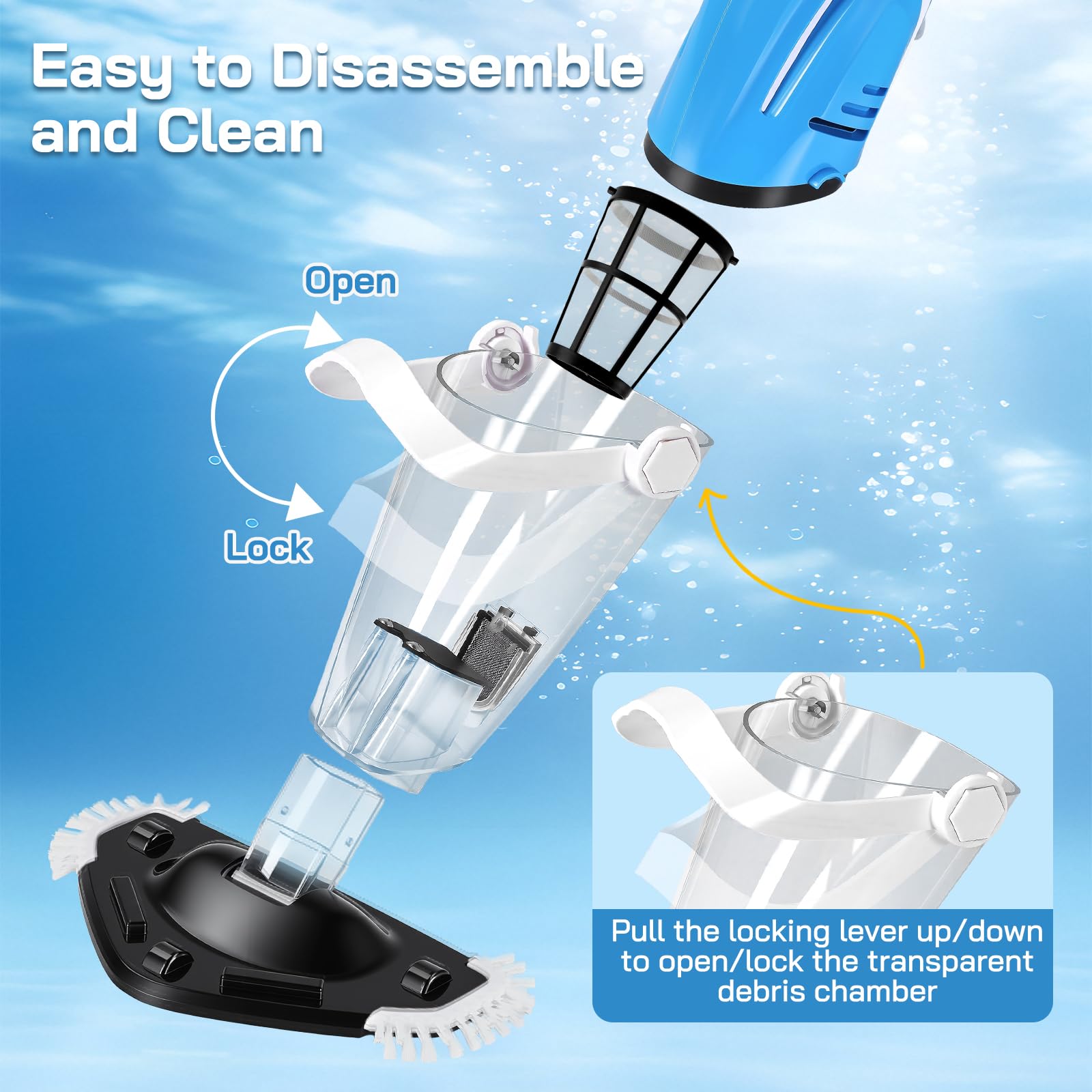 Aspirateur Piscine sans Fil 40L/Min, Démarrage Automatique par Immersion, Perche Télescopique 139-199cm, 2 Sacs Filtres Inclus pour Petites Piscine, Jacuzzi, Spa