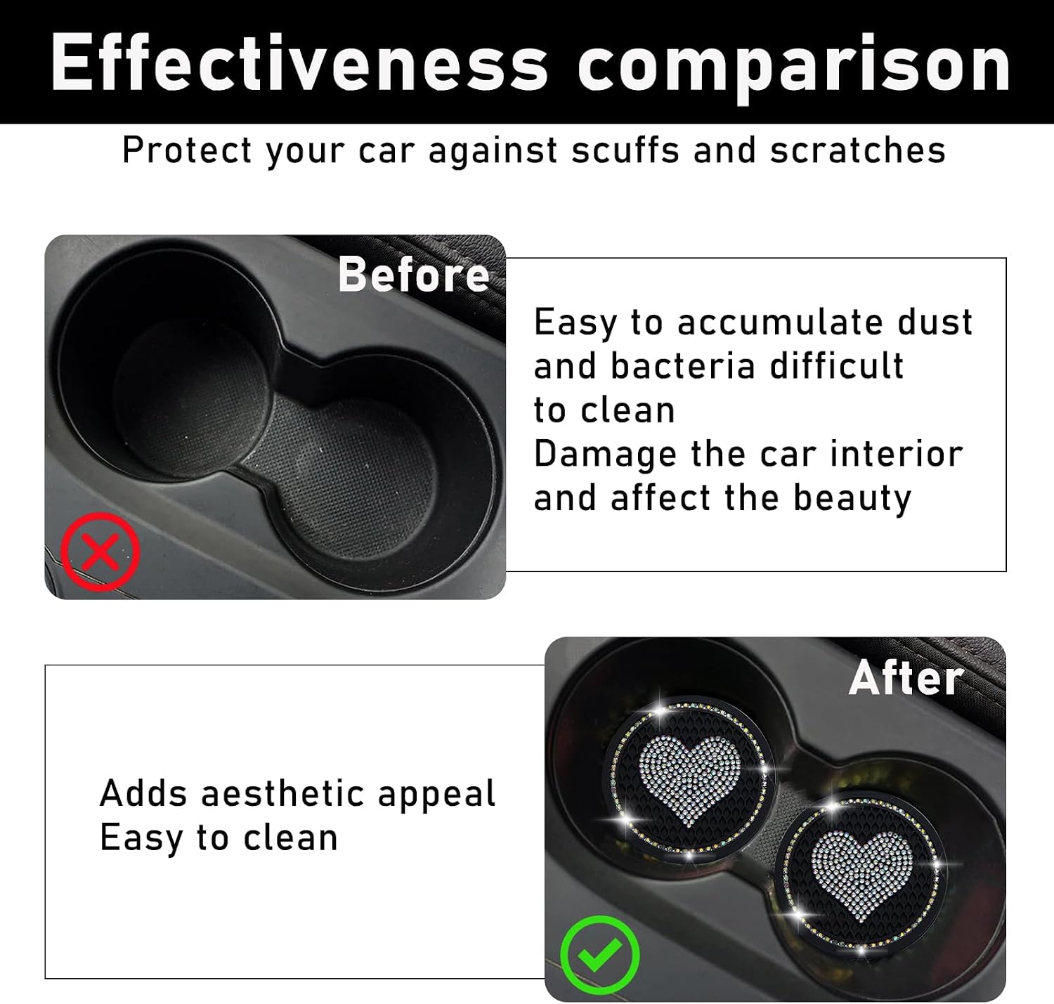 Kewucn 2 PCS Bling Car Cup Coaster, 2.75 Inch Heart Rhinestone Holder Insert Coaster, Anti-Slip Waterproof Crystal Auto Cup Mat, Universal Vehicle Accessories for Women Girls (Black & AB) image 5