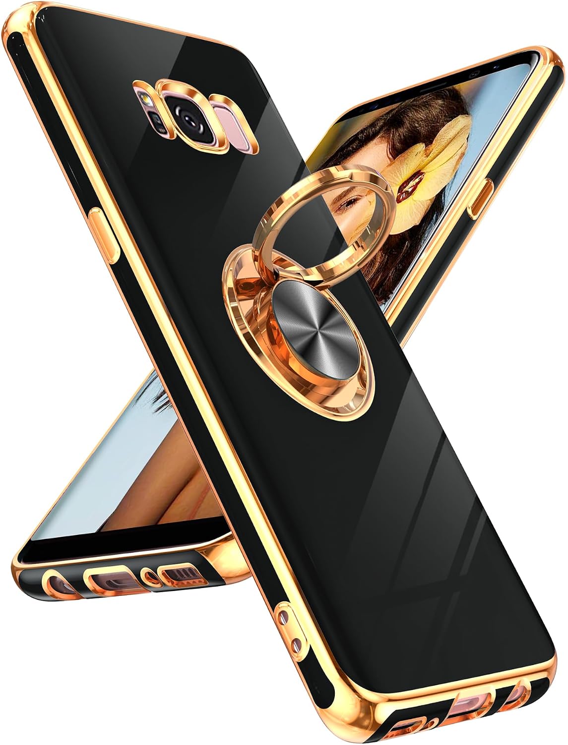 LeYi for Samsung Galaxy S8 Case [ Not Applicable S8 Plus] with 360° Rotatable Ring Holder Magnetic Kickstand, Plating Rose Gold Edge Protective Case, Black
