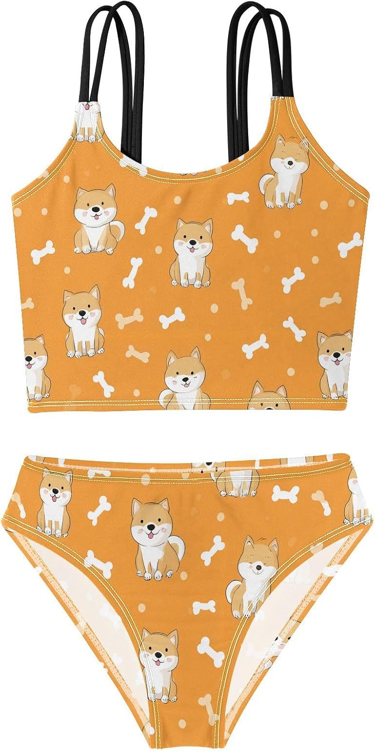 visesunny Girls Two Piece Swimsuits Shiba Inu Dog Bone Girl's Bikini Sets Bathing Suits for Girls Size 5-12Y
