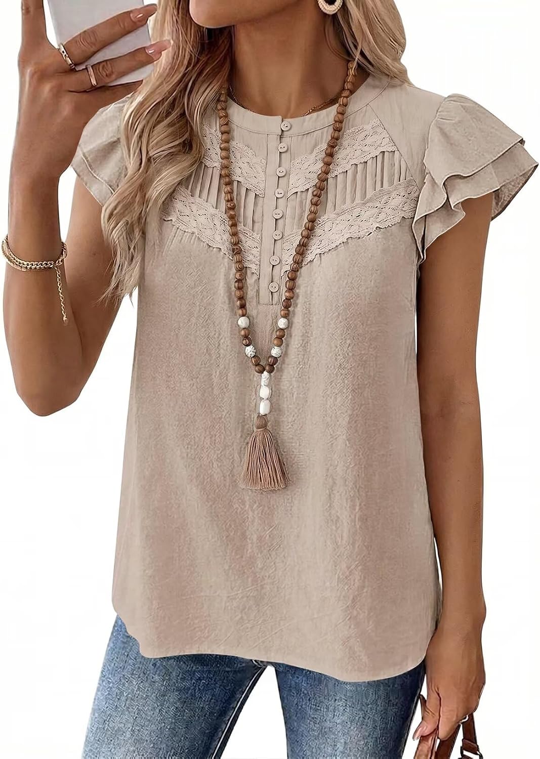 Falechay Women's Boho Blouse Summer Ruffle Sleeve Tops Lace Crochet Split Neck Shirts Pleated Textured Top Casual Elegant