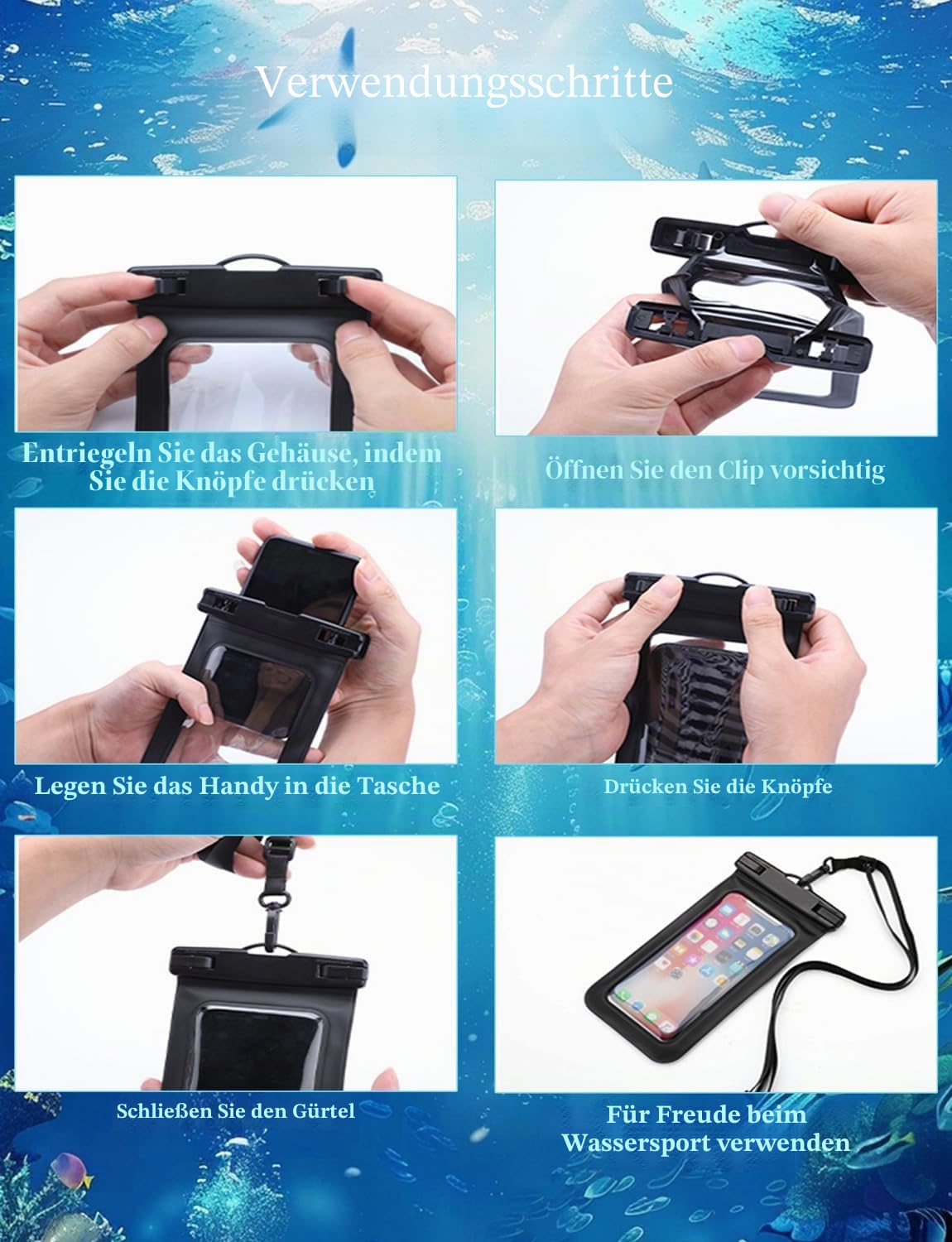 4 Stück Mehrfarbige Allgemein Wasserdichte Handy tasche,Wasserdichte Handy hülle Trocken sack (Schutz stufe: IP68) Outdoor-Sport für Apple iPhone,Samsung und bis zu 7,5 Zoll (Schwarz,Blau,Rosa,Orange)