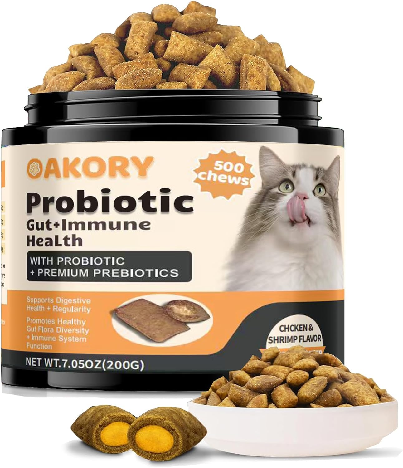 Cat Probiotics Tasty Chews –500 Chews Crunchy & Creamy Texture, with Fish Oil Omega-3 Skin & Coat Health Digestive & Gut Support, Constipation Relief, Healthy Stool, Chicken Flavor with Cheese Center
